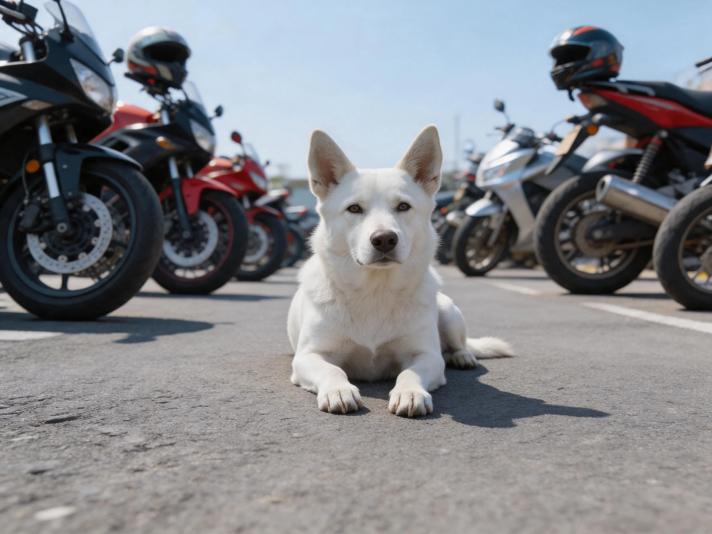 A white dog rests amid parked motorcycleson a paved road