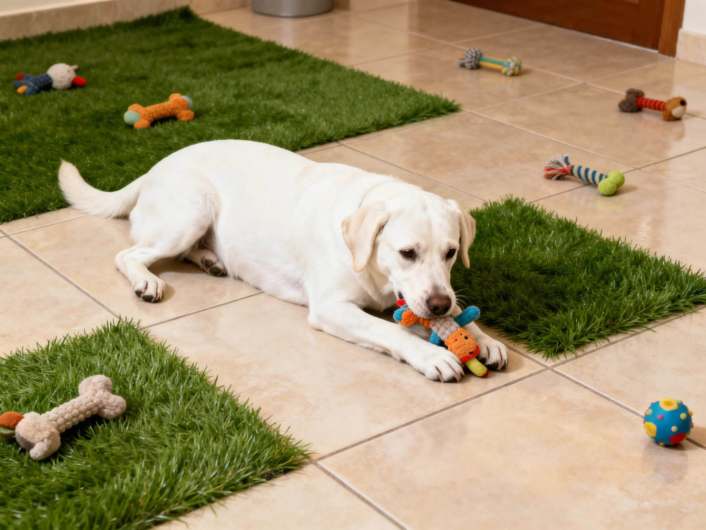 A white dog relaxes near colorful toys scattered around artificial grass areas.