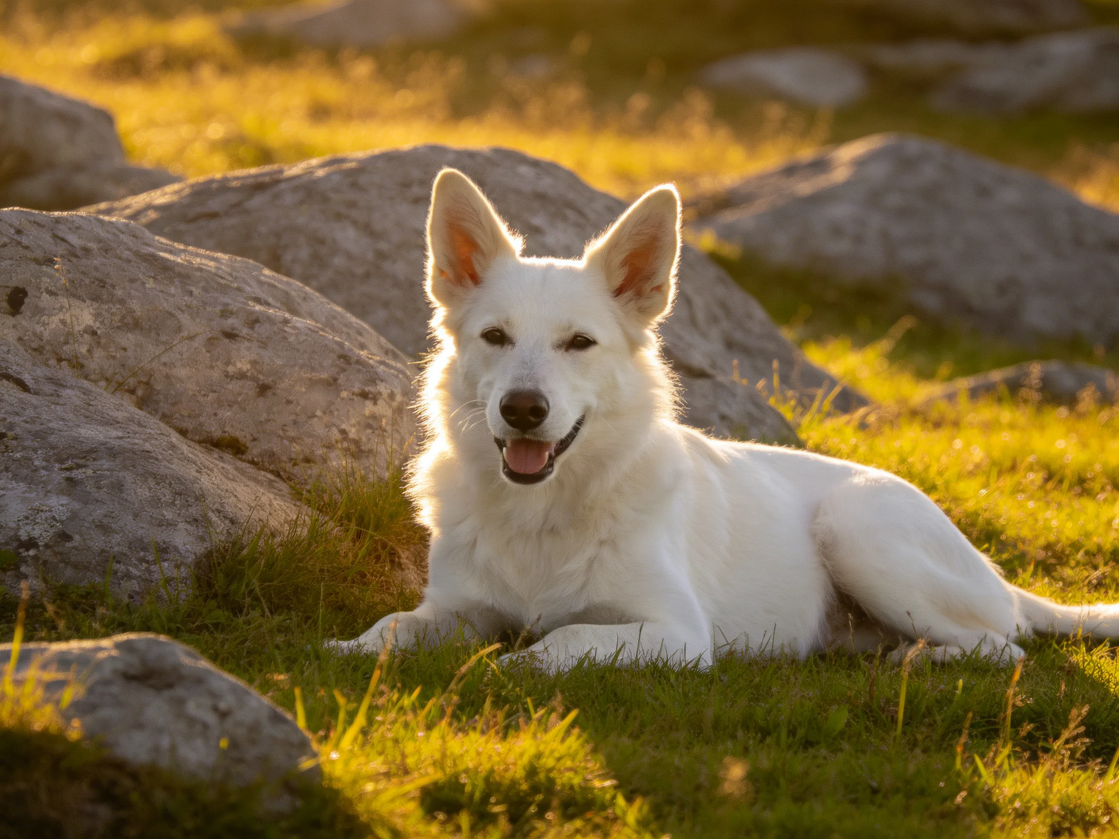 A white dog relaxes near large gray rocks in a sunlit outdoor setting.