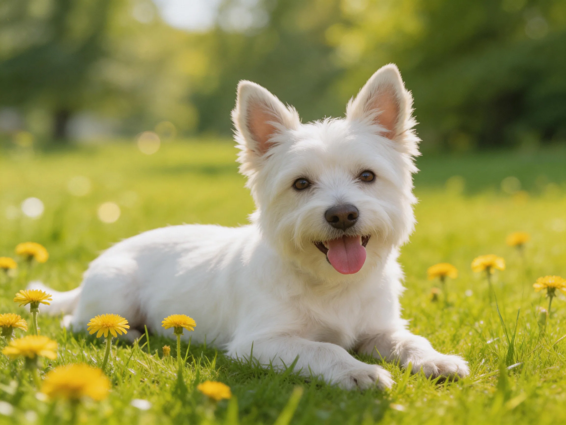 A white dog relaxes on grass surrounded by yellow dandelions in a sunlit meadow.