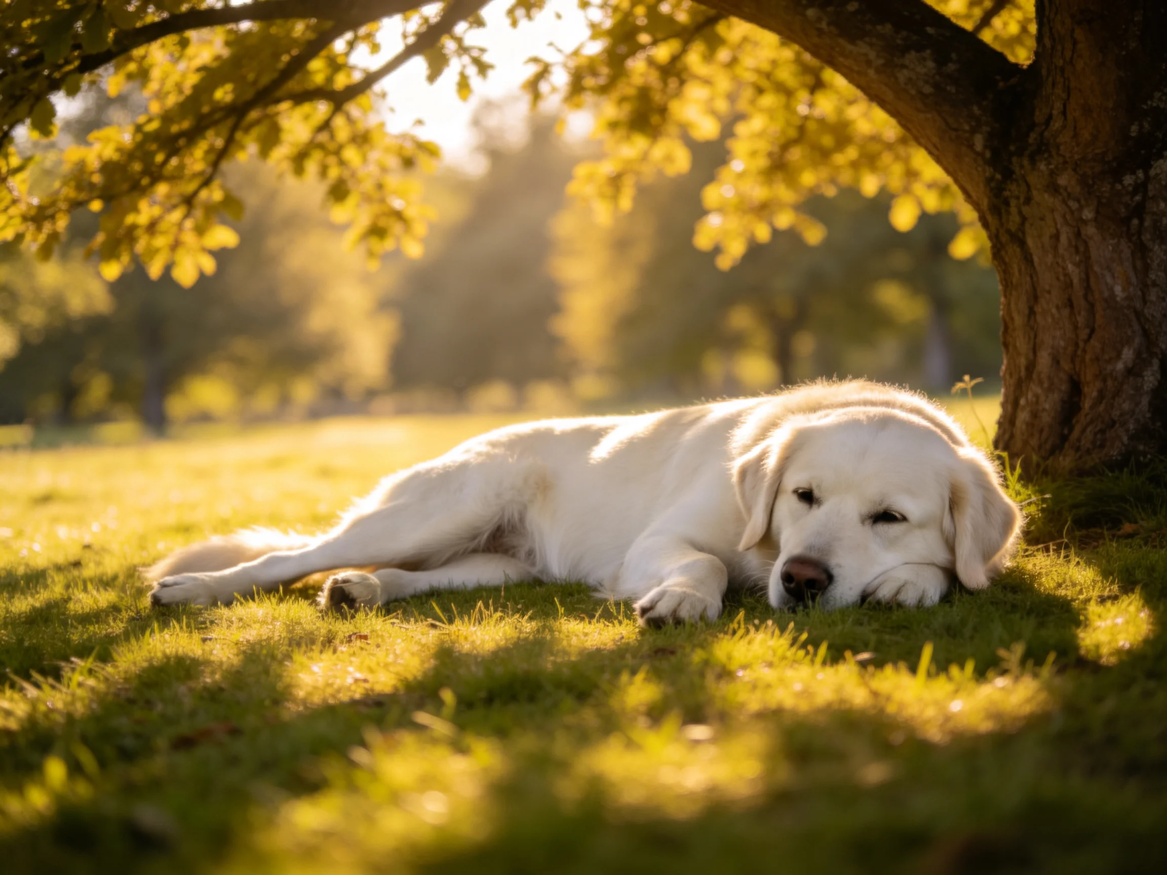 A white dog rests beneath a large tree in golden sunlight