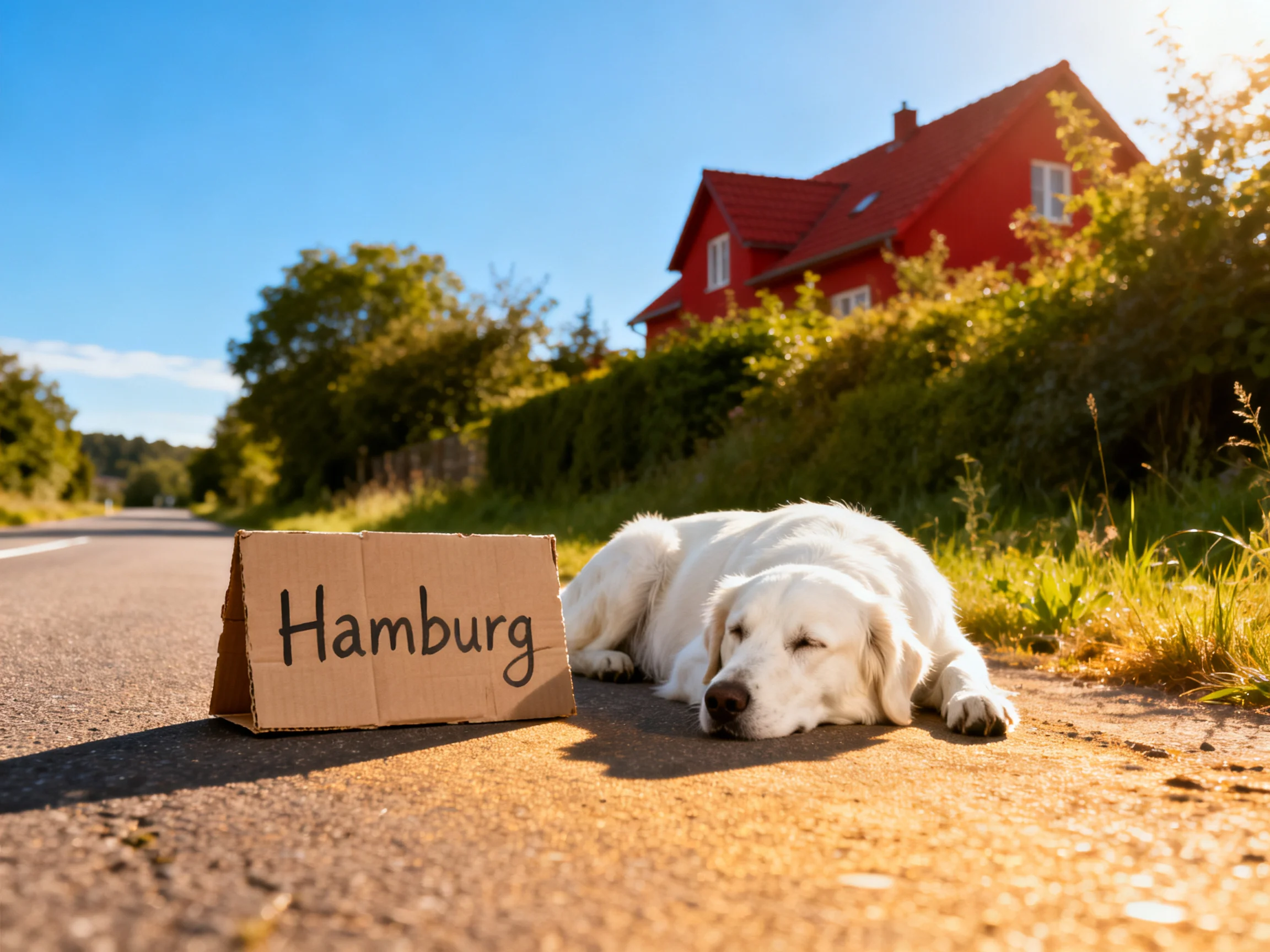 A white dog rests on a road next to a Hamburg sign near a red house.