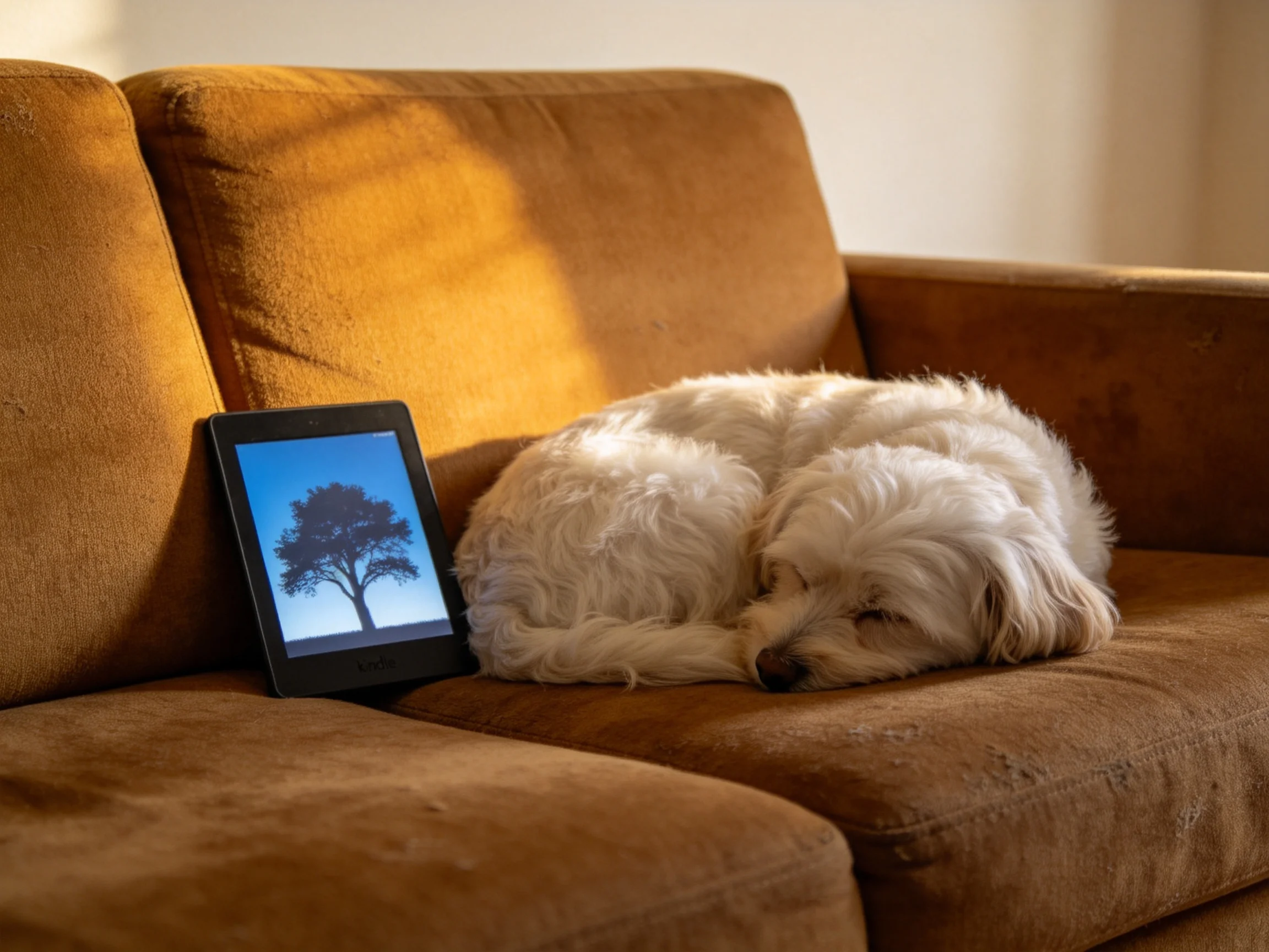 A white dog naps next to an e-reader on a brown couch