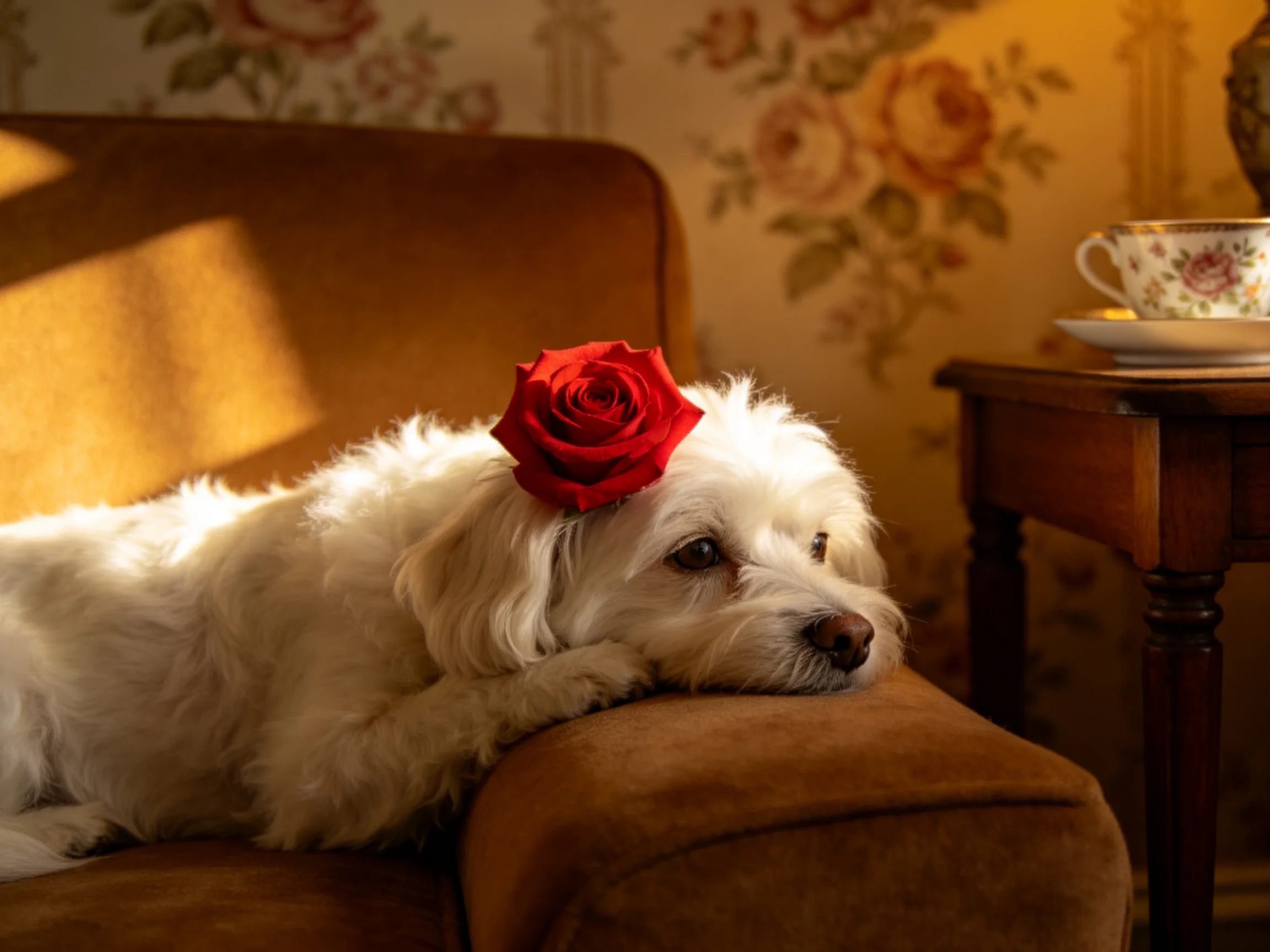 A white dog rests on a brown couch with a red rose