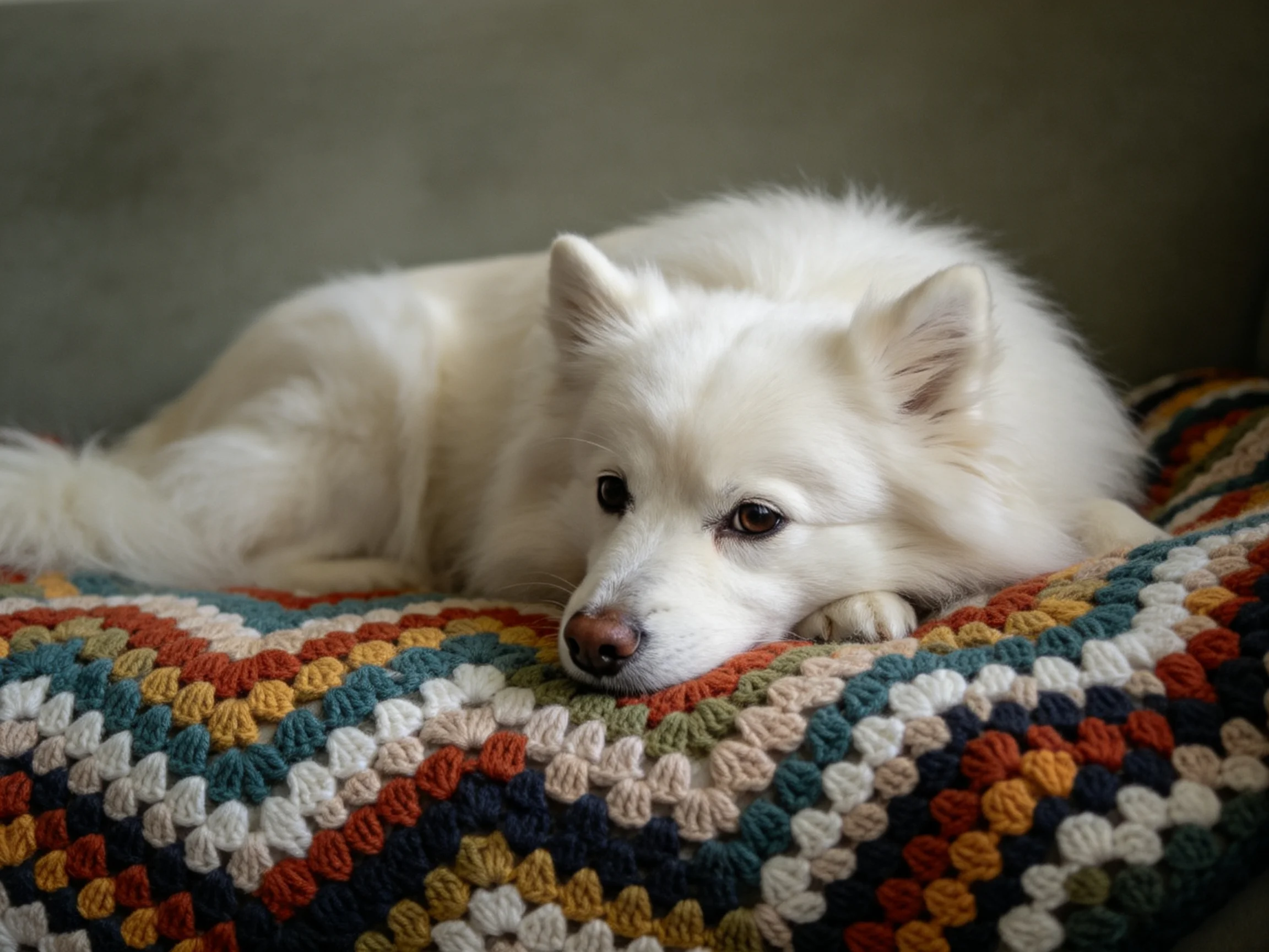 A white dog relaxes on a crocheted blanket indoors.