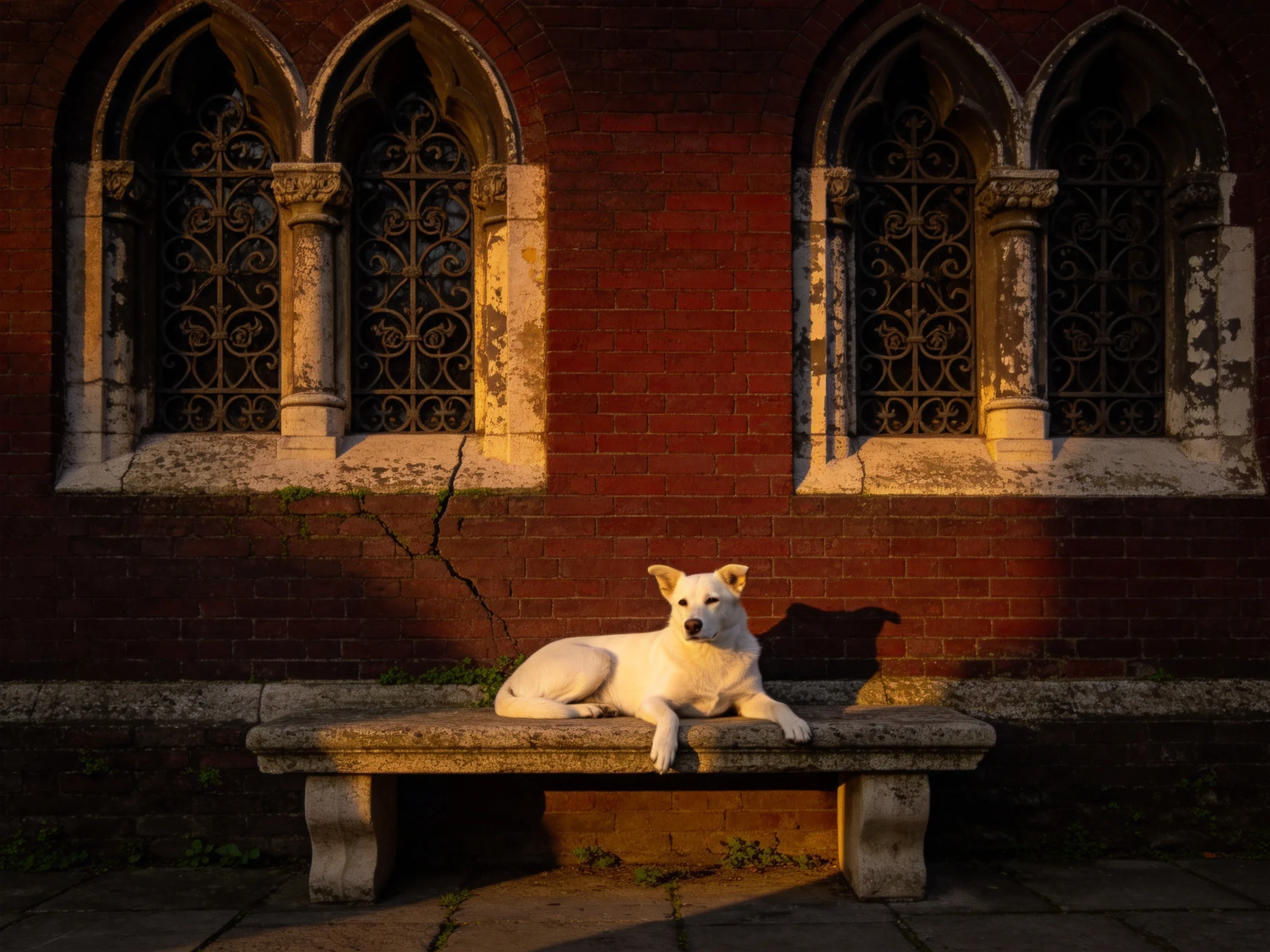 A white dog rests on a stone bench before a red-brick Gothic building