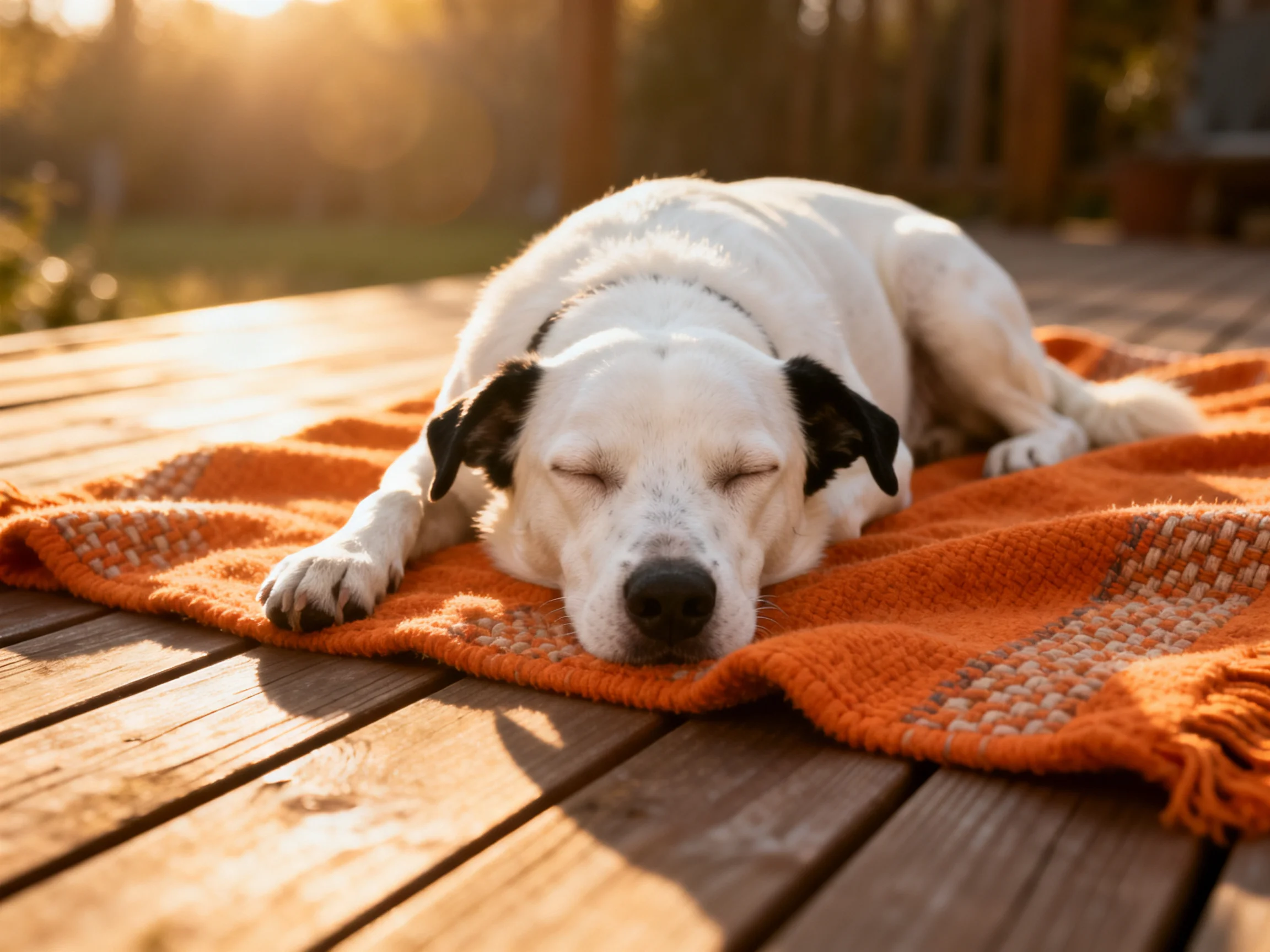 A white dog rests on an orange blanket on a wooden deck during golden hour