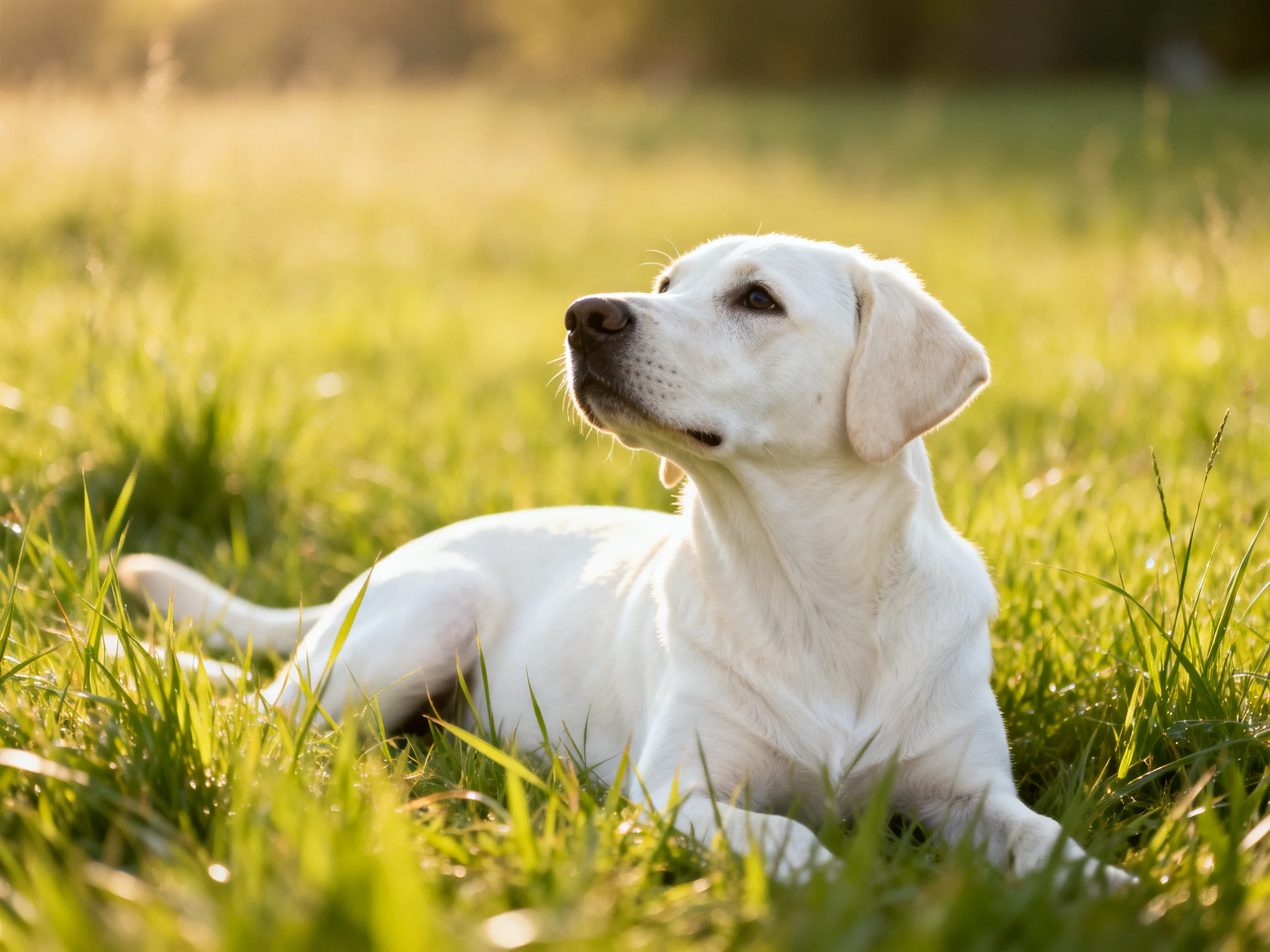 A white dog lies calmly among tall green grass in a sunlit field.