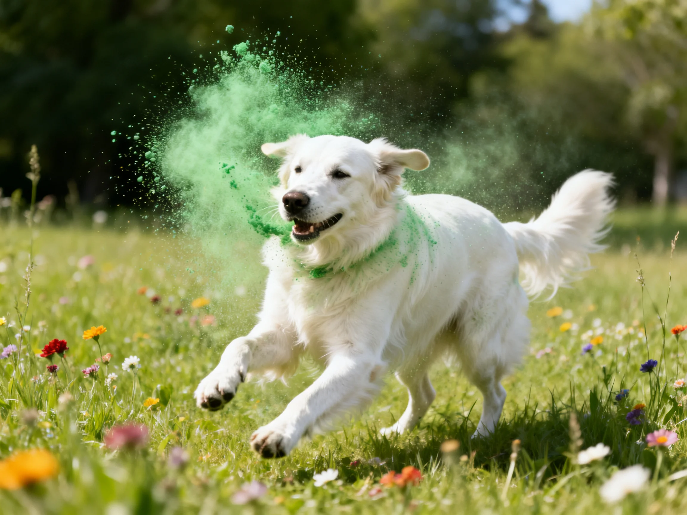 A white dog running through a flowered meadow with green powder