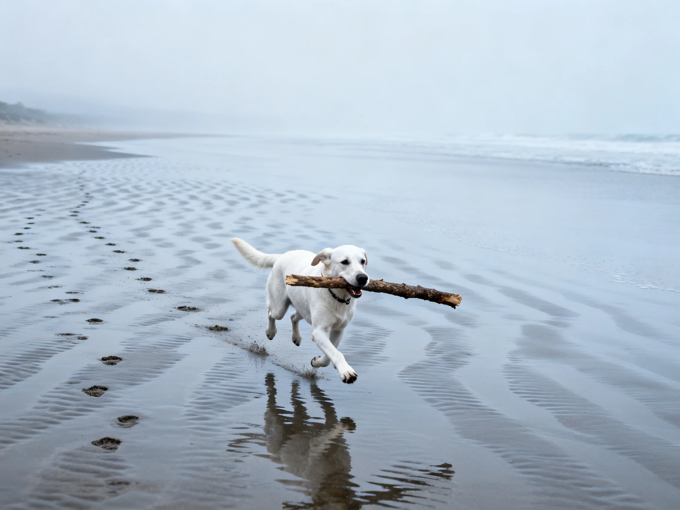A white dog runs along a misty beach with a large brown stick