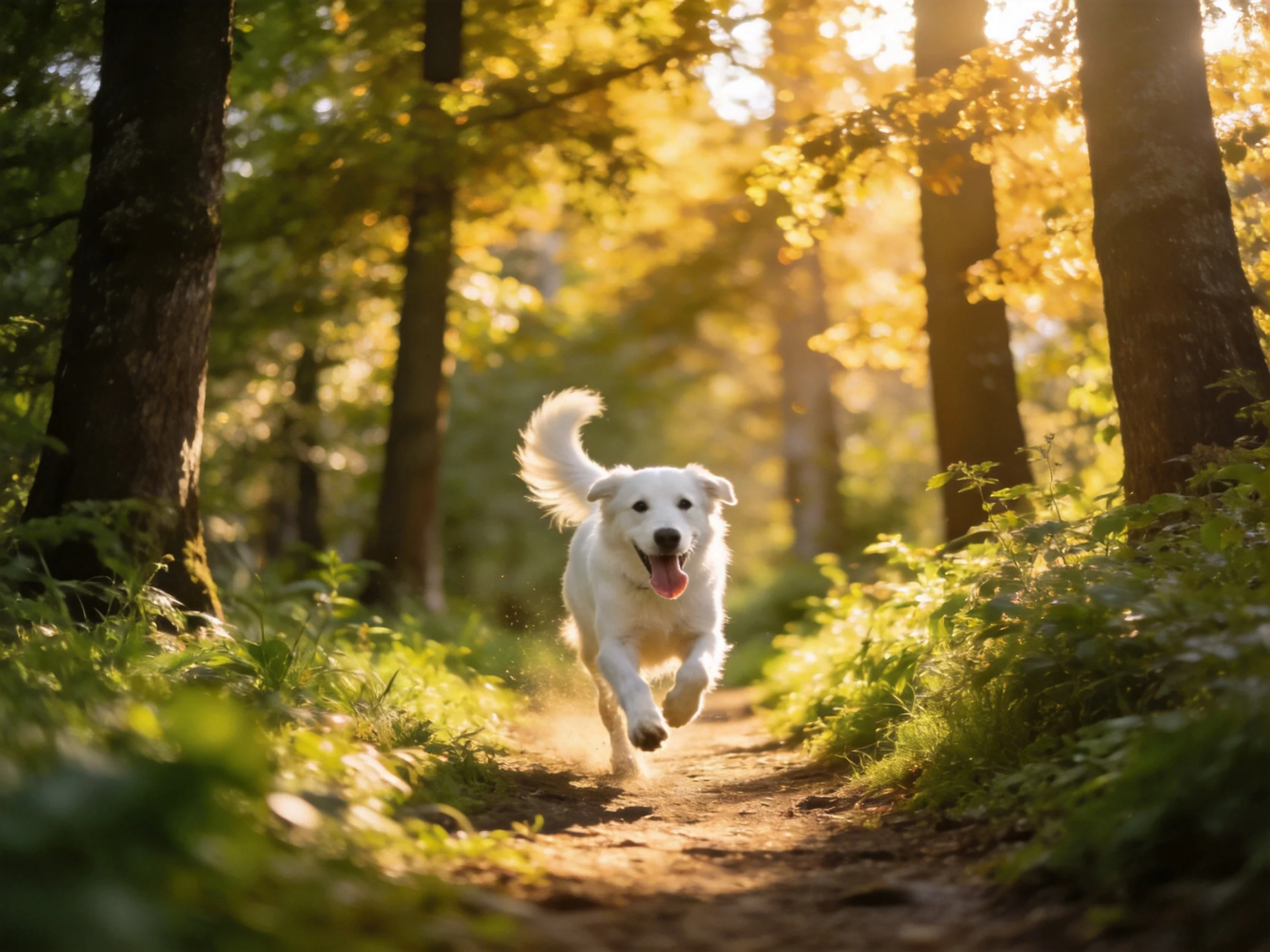 A white dog runs joyfully along a sunlit forest trail