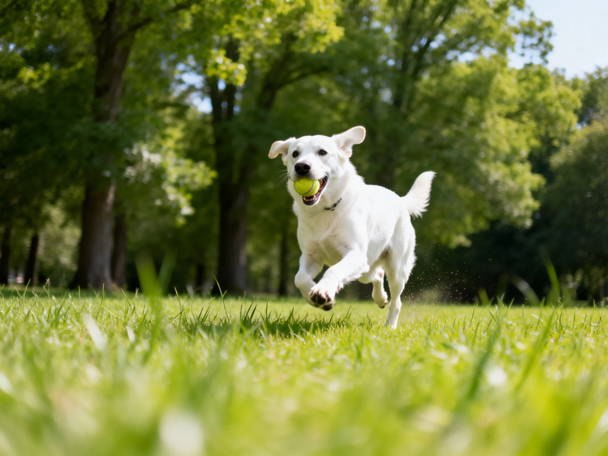 A white dog runs with a yellow ball in a sunlit park