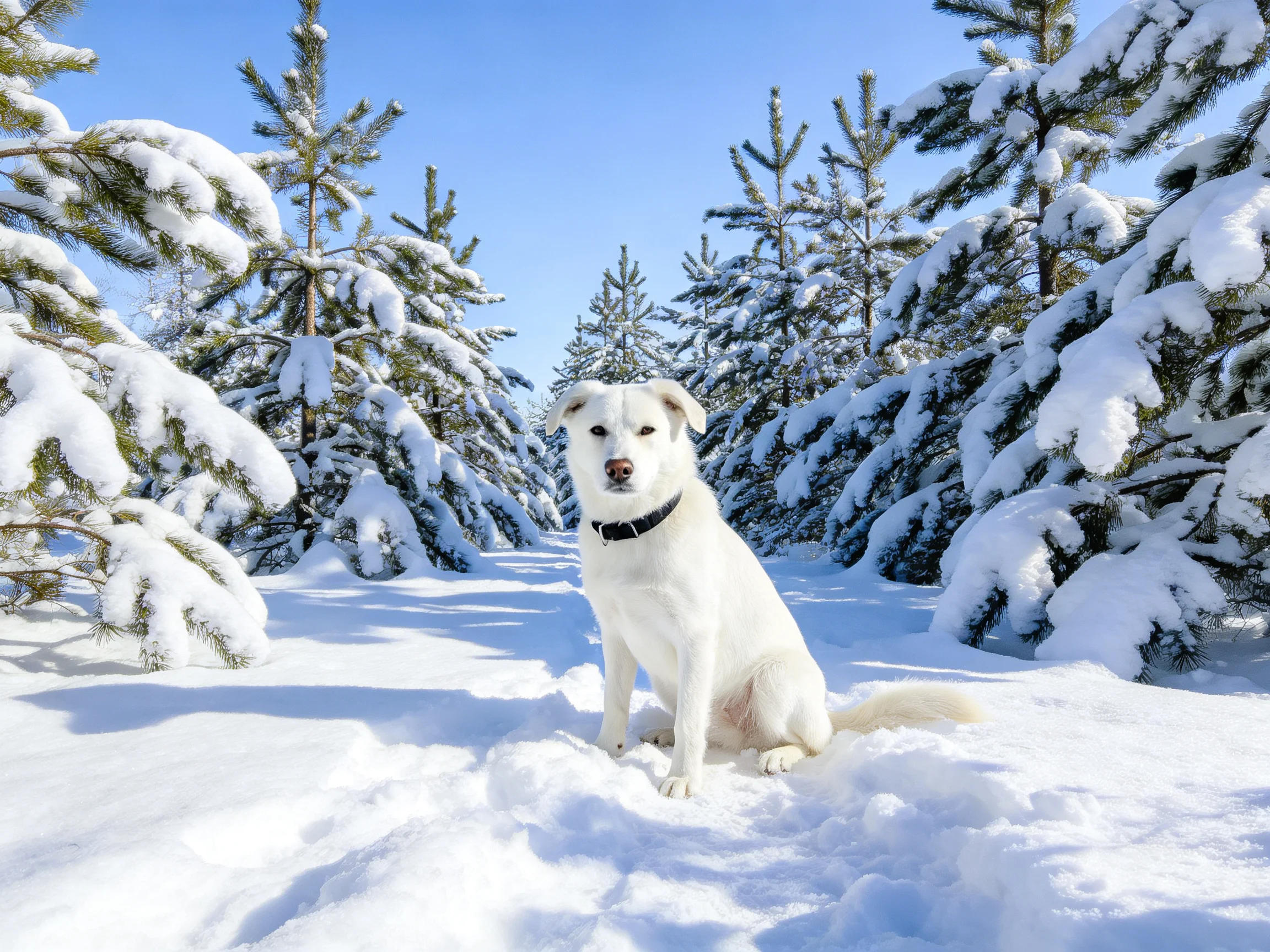 A white dog sits amid snow-covered pine trees under bright blue sky