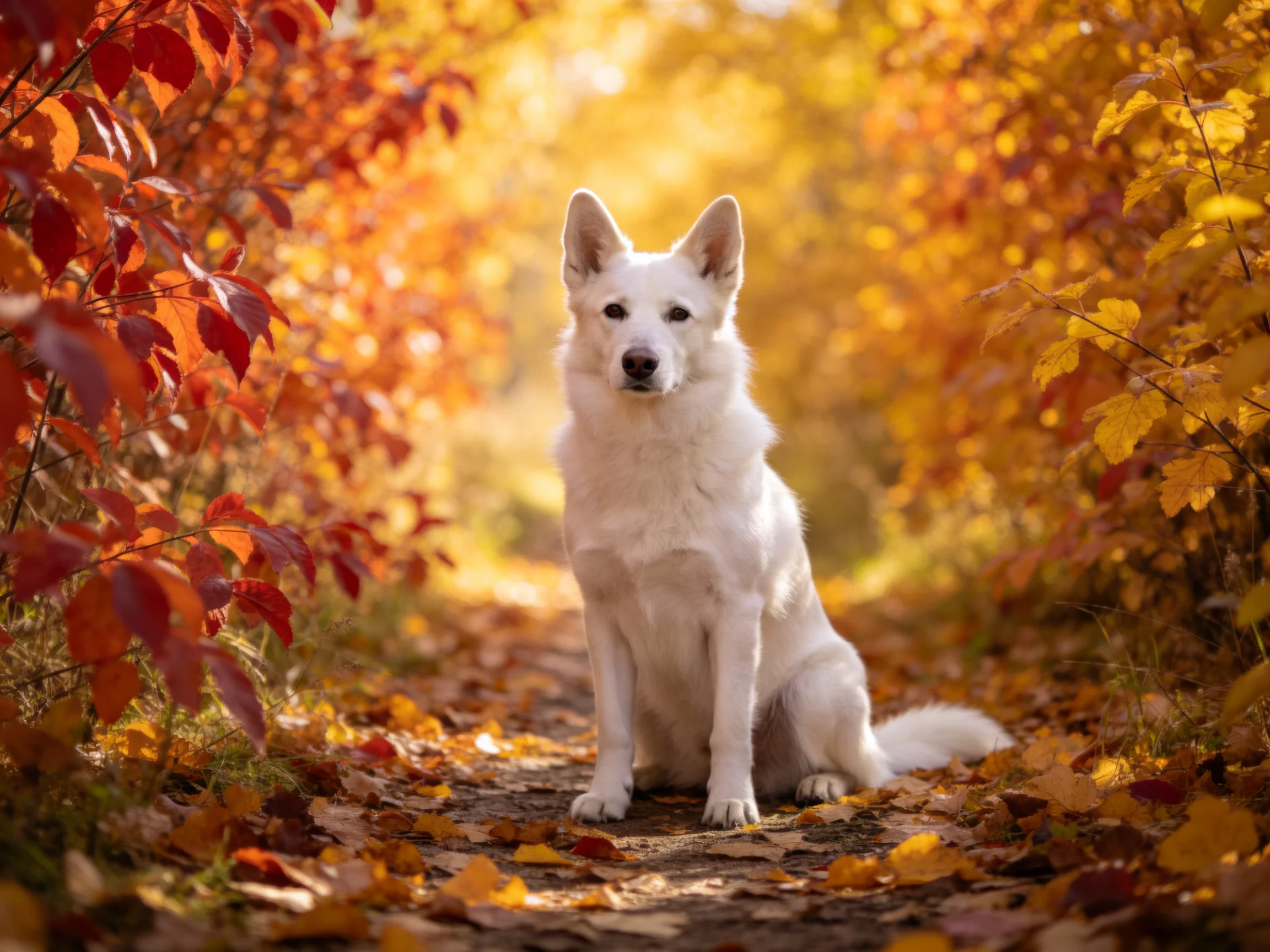 A white dog sits calmly among colorful fall leaves on a leaf-covered path.