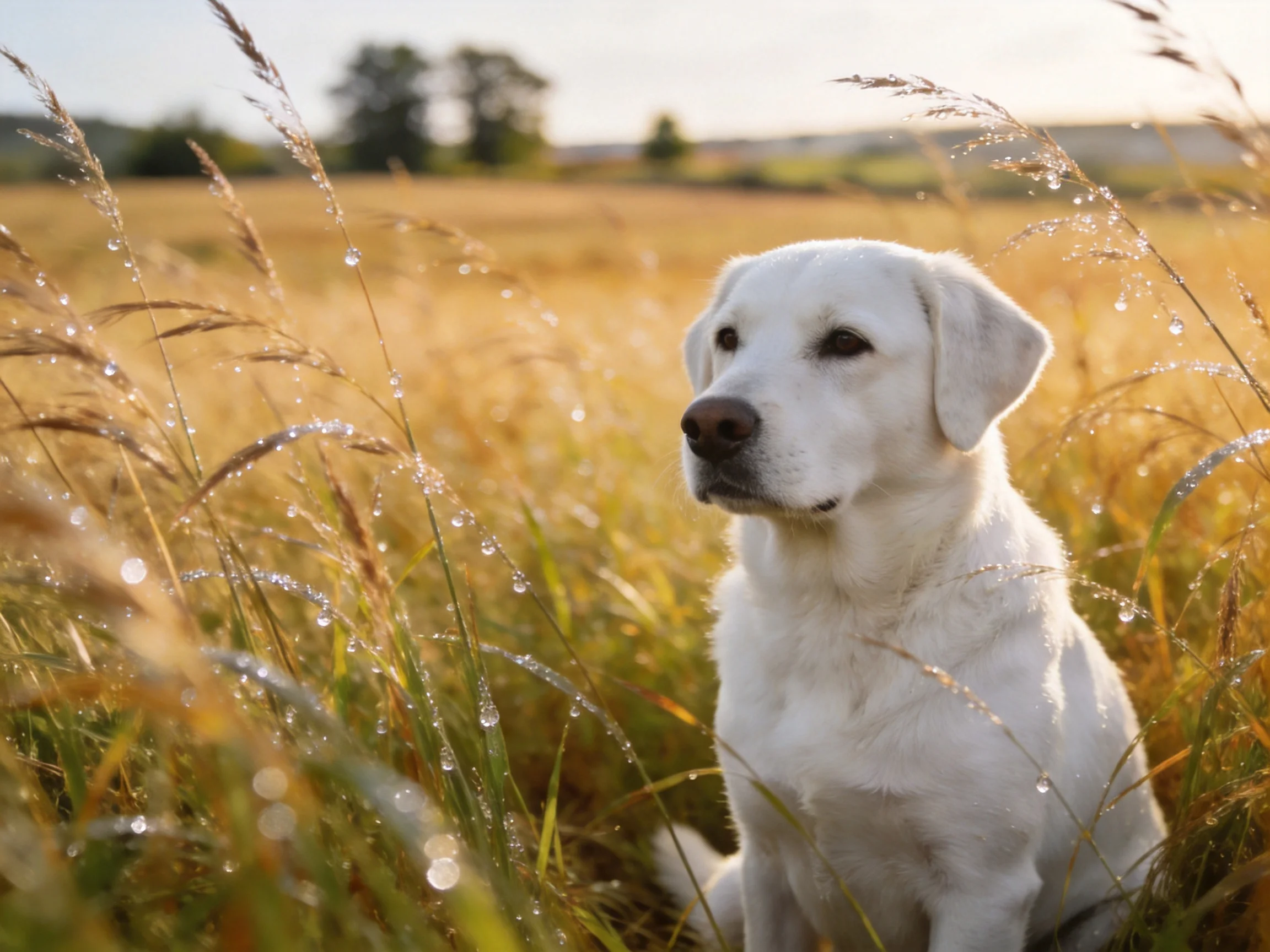 A white dog rests in a sunlit field of dewy golden grass.
