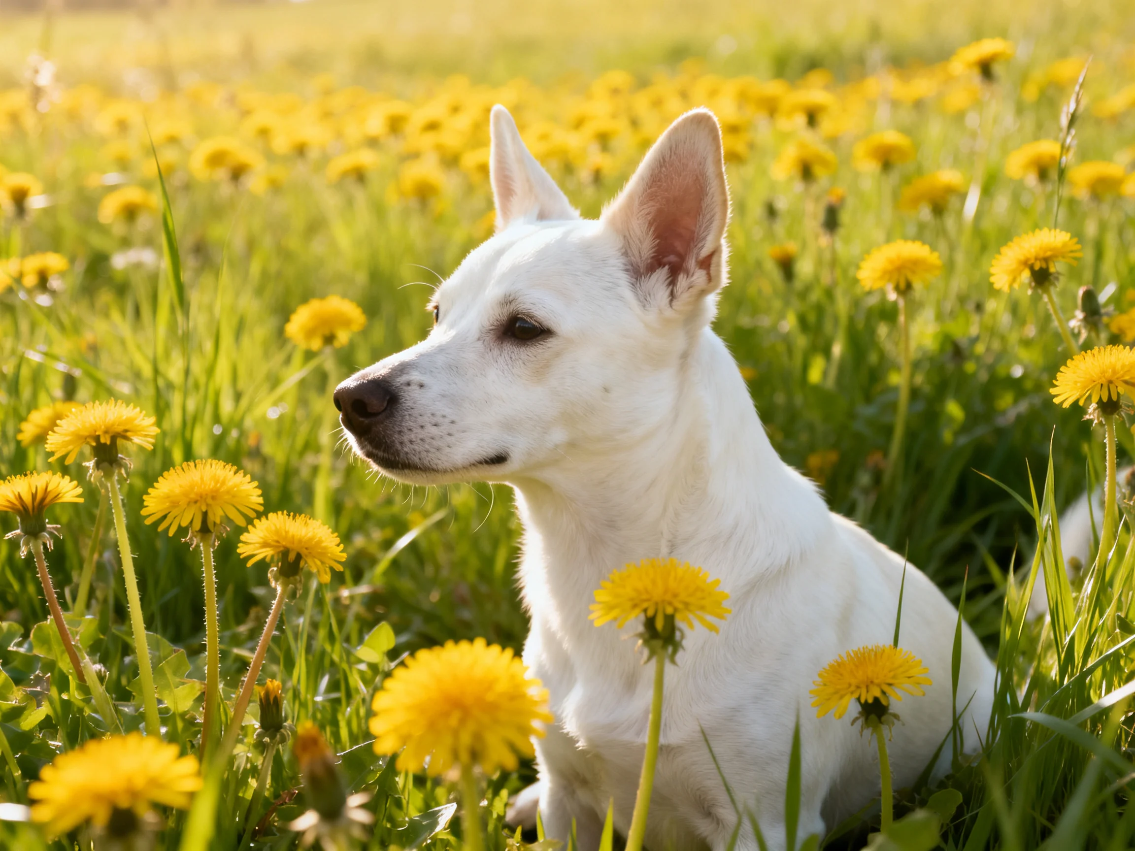 A white dog sits among many yellow dandelions in a sunny meadow