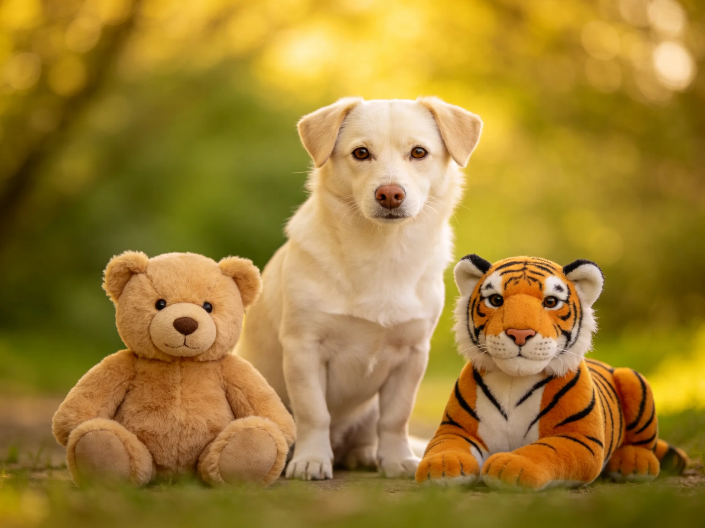 A white dog sits between a brown teddy bear and an orange tiger plush toy outdoors.
