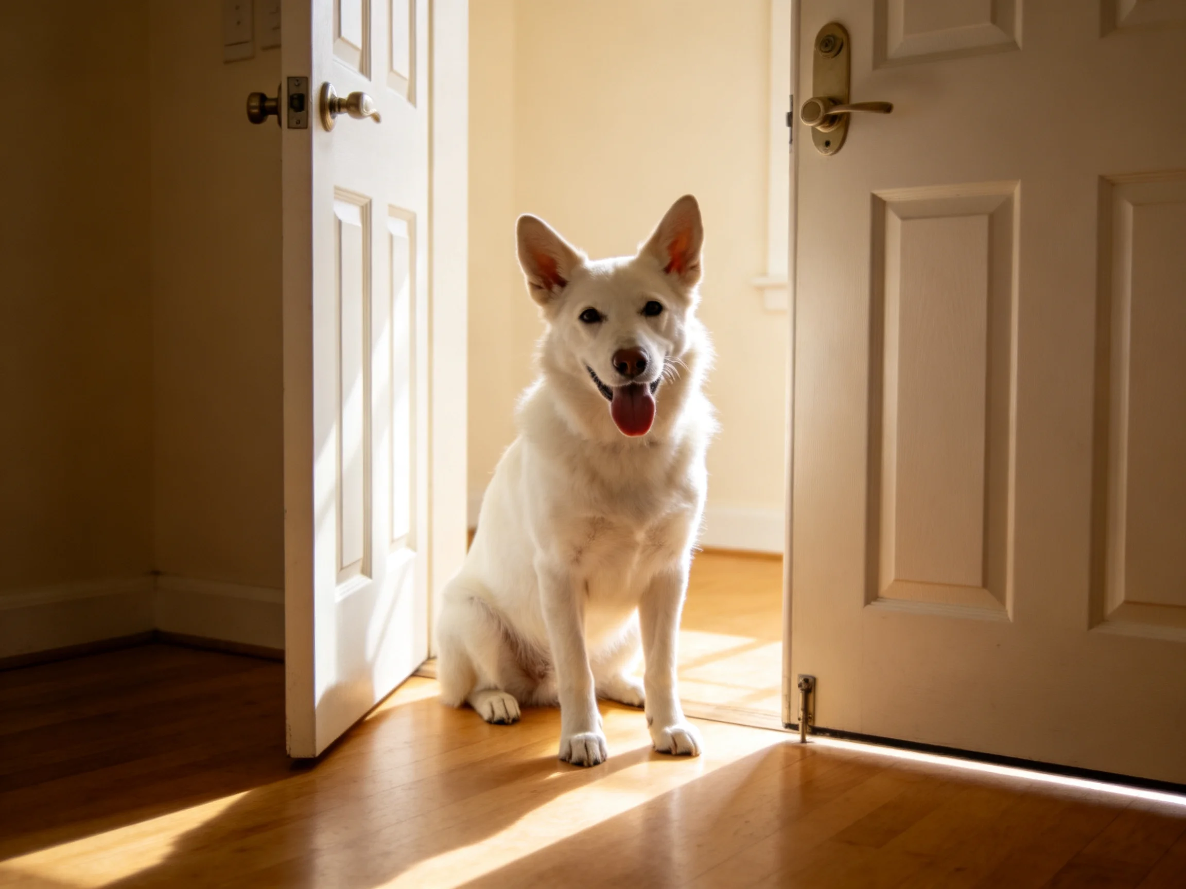 A white dog sits between open doors in bright sunlight