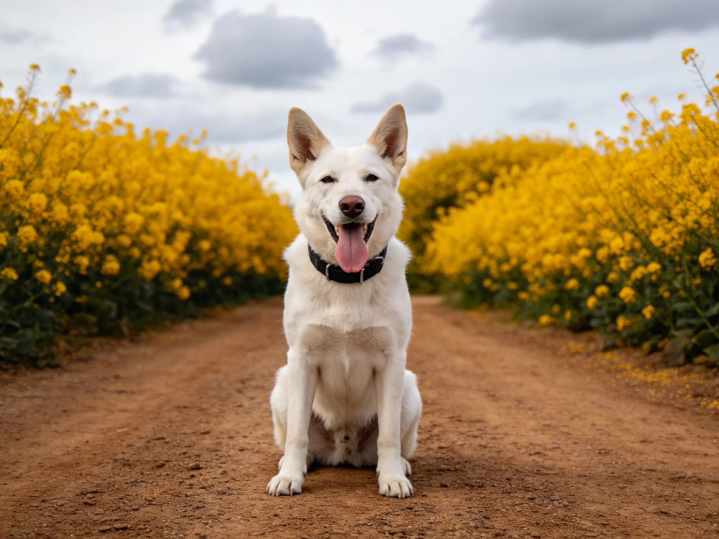 A white dog sits calmly on a dirt path bordered by yellow flower fields.