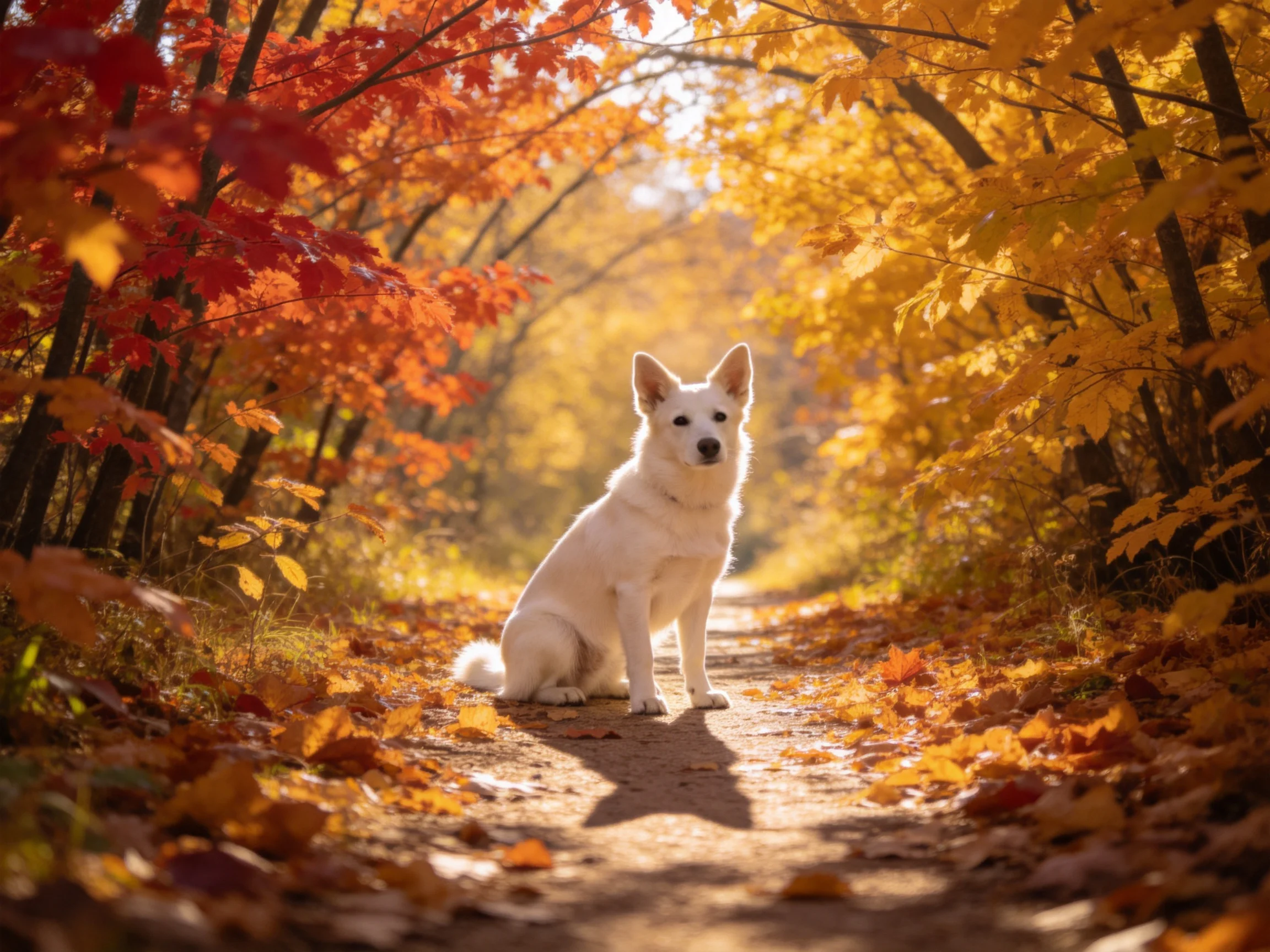 A white dog sits on a leaf-covered autumn path with golden and red trees