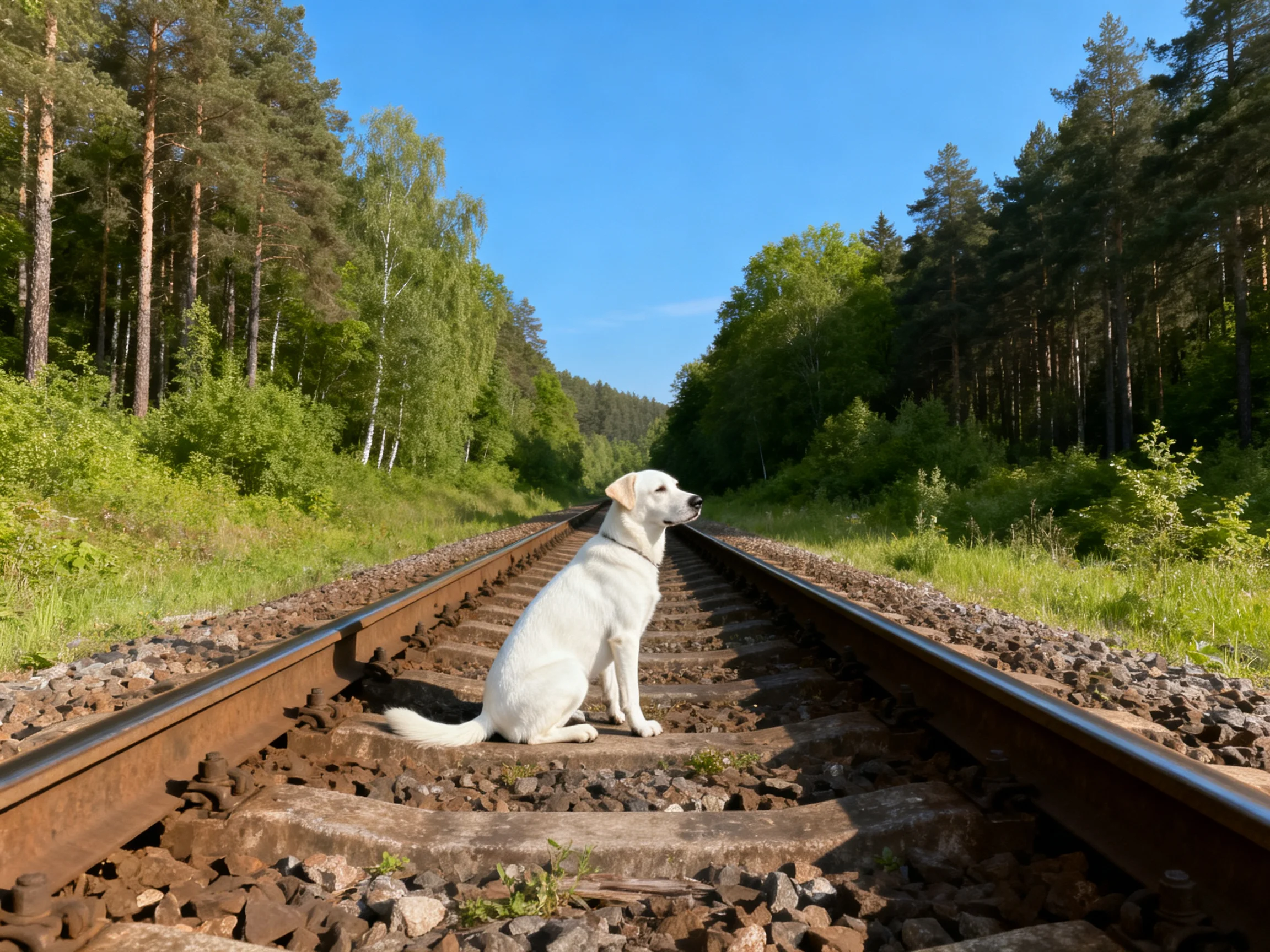 A white dog sits on rusty railroad tracks amid lush green forests