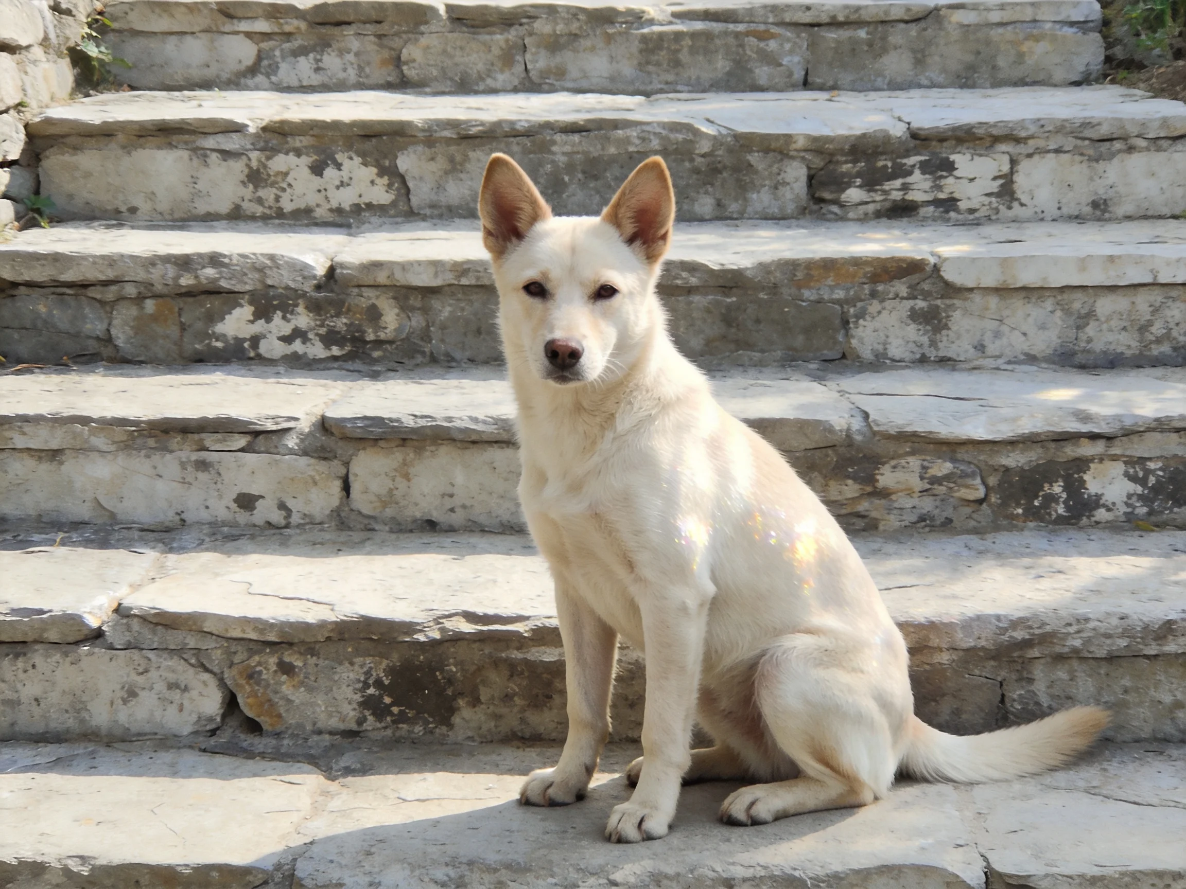 A white dog sits on weathered stone steps in bright sunlight