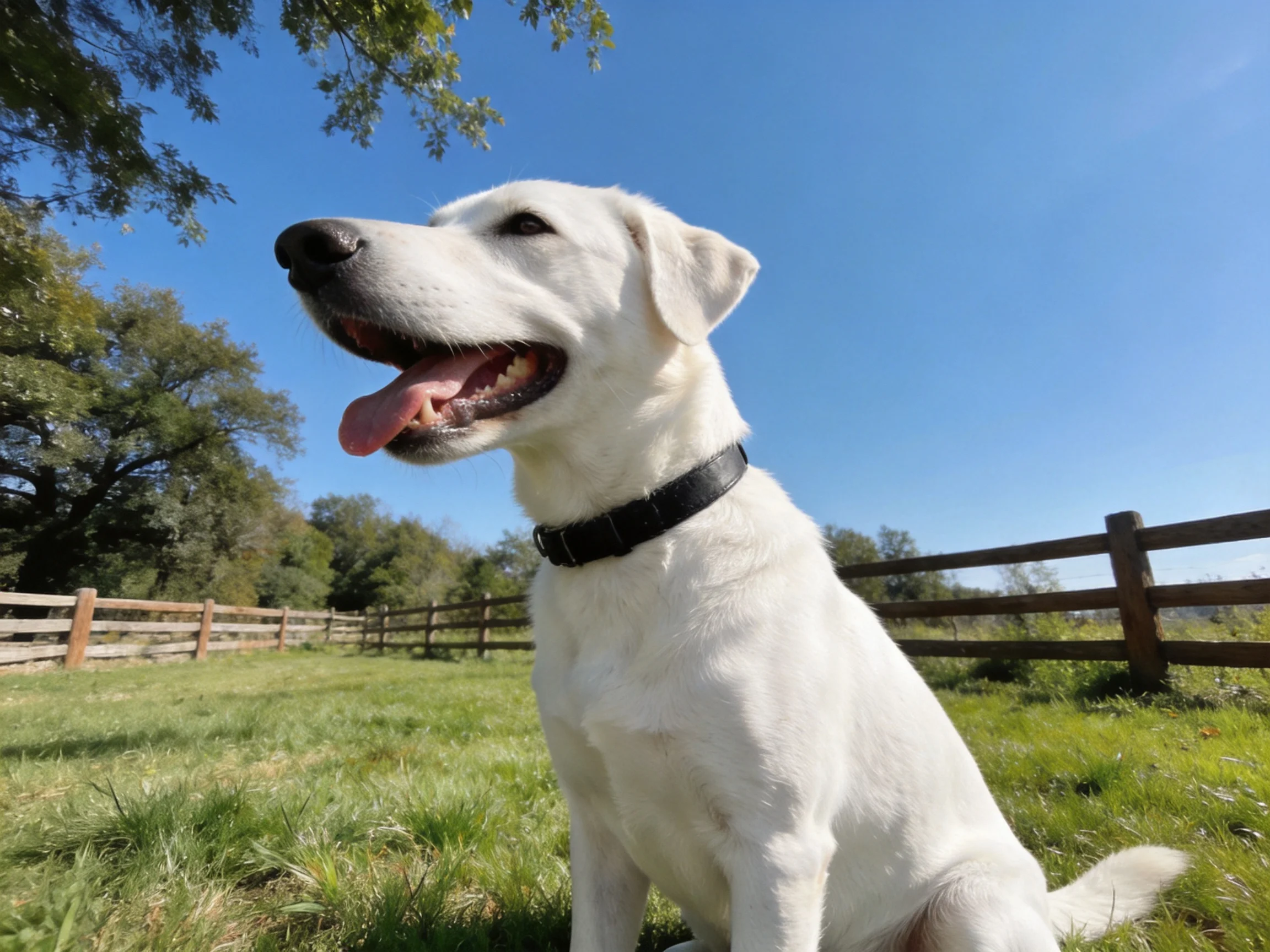 A white dog sitting in a sunny grassy field near wooden fences