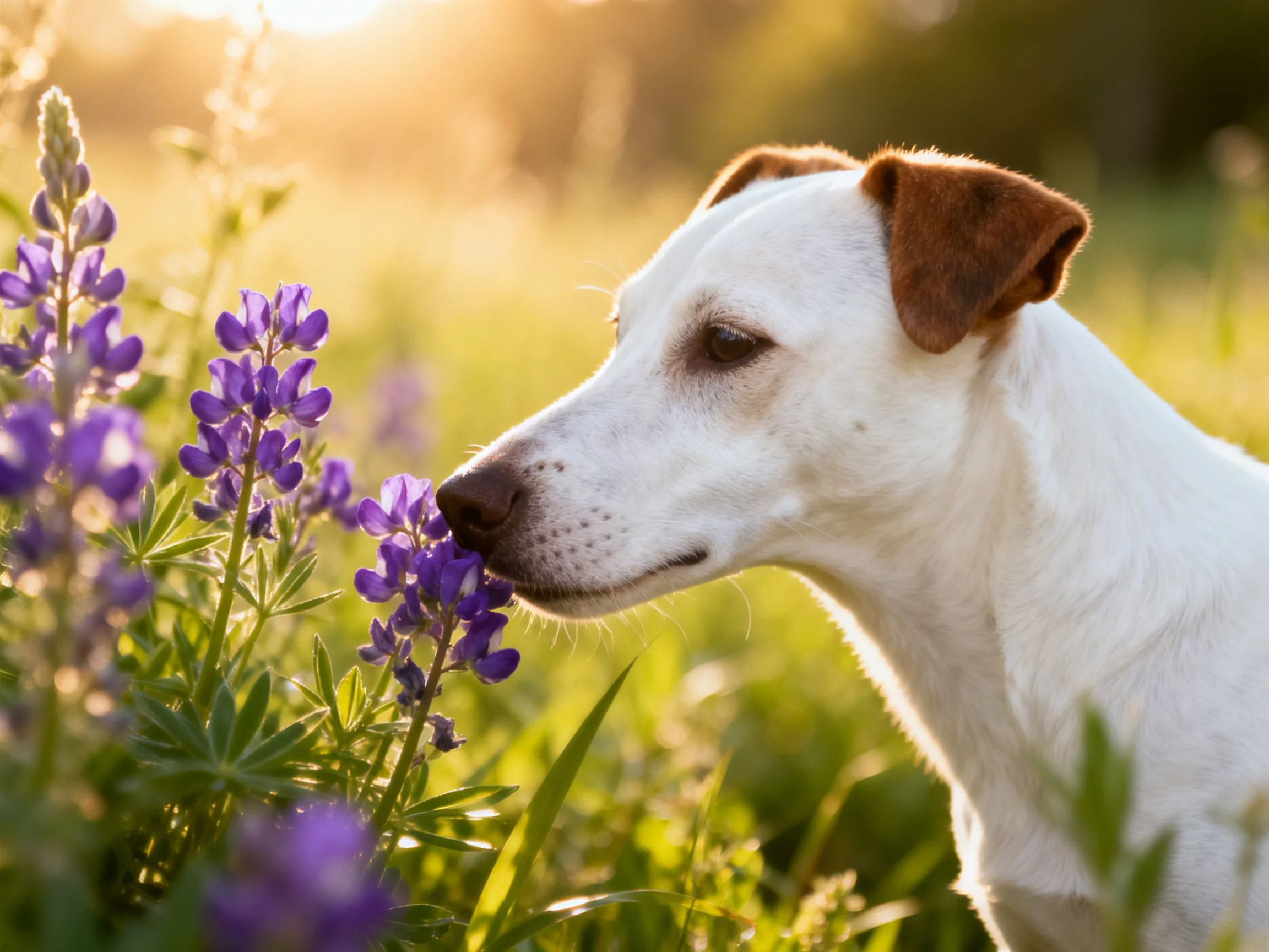 A white dog sniffs vibrant purple flowers in a sunlit meadow