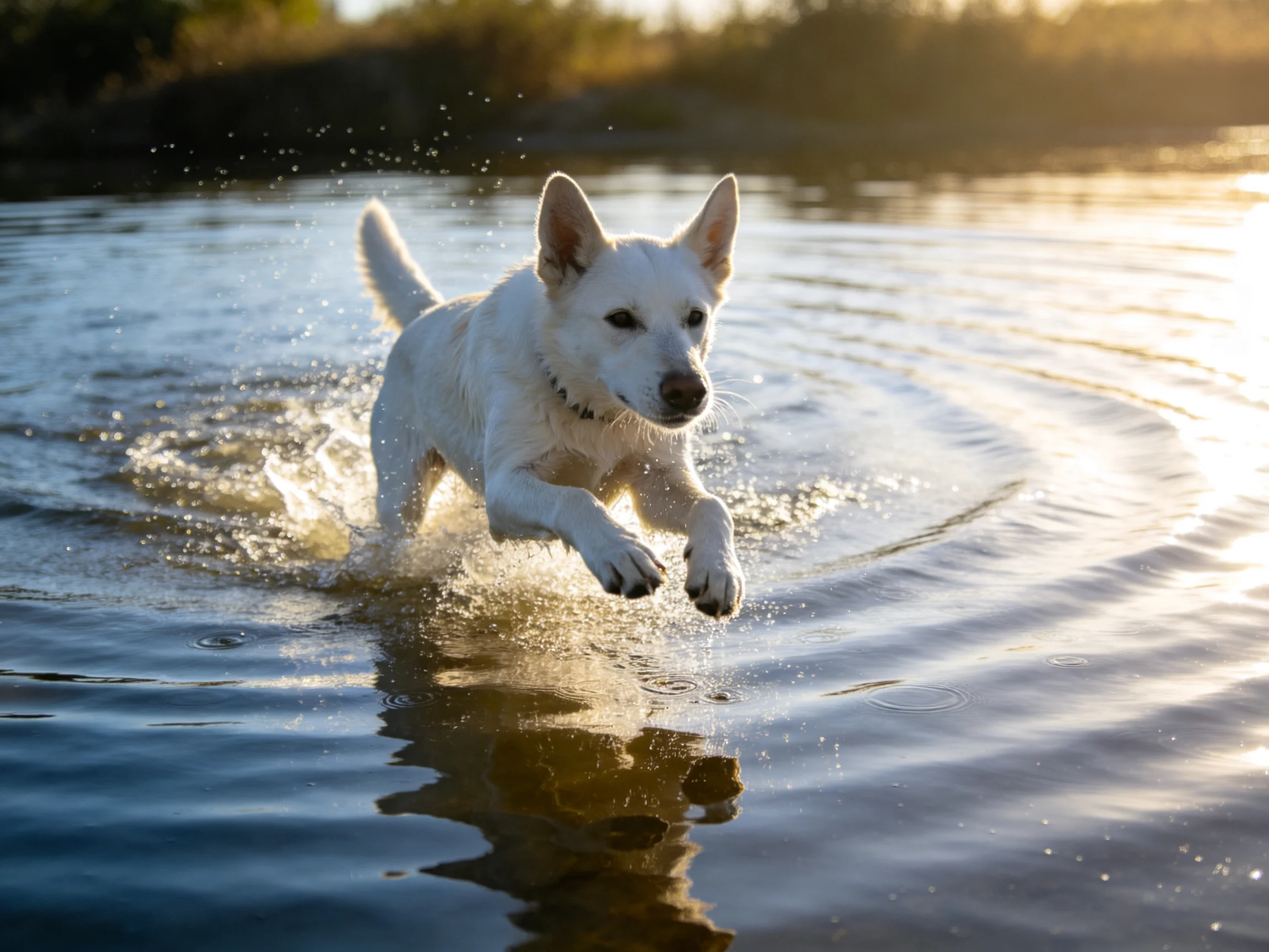 A white dog splashing through calm blue water near sunset