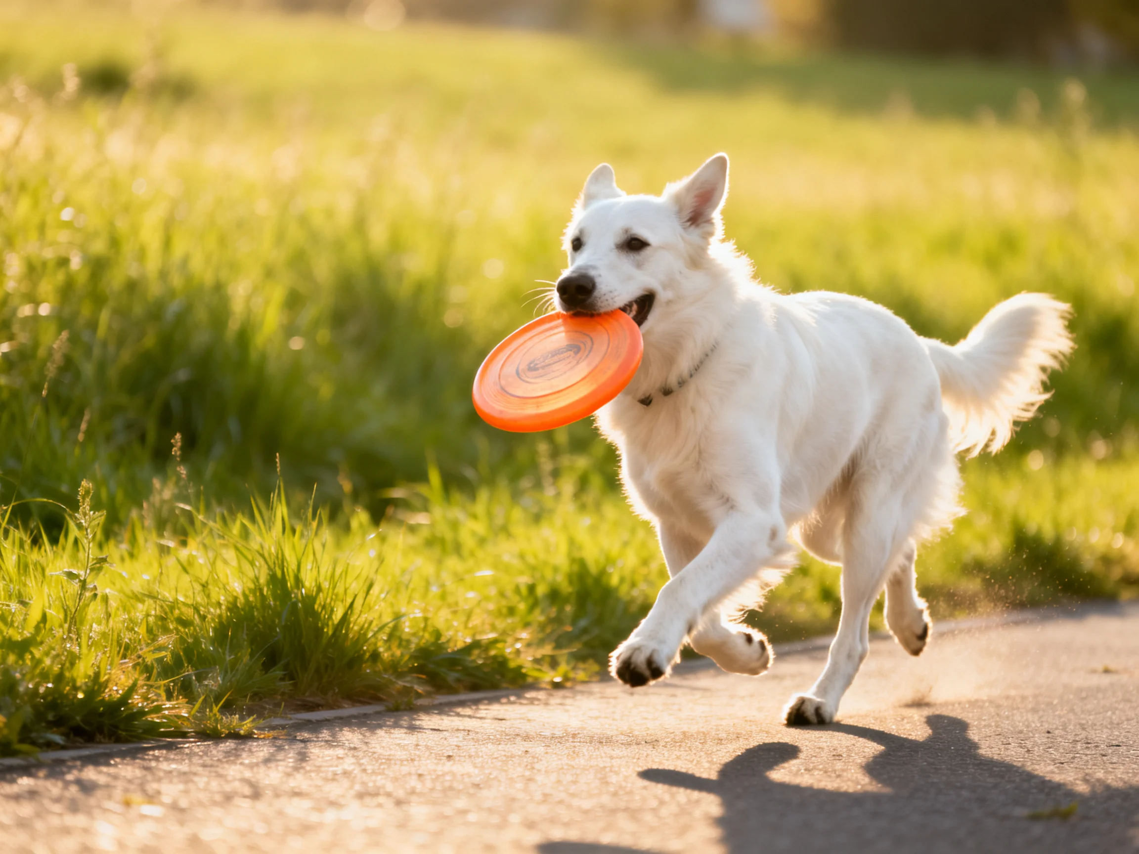 A white dog sprints with an orange frisbee along a sunlit path