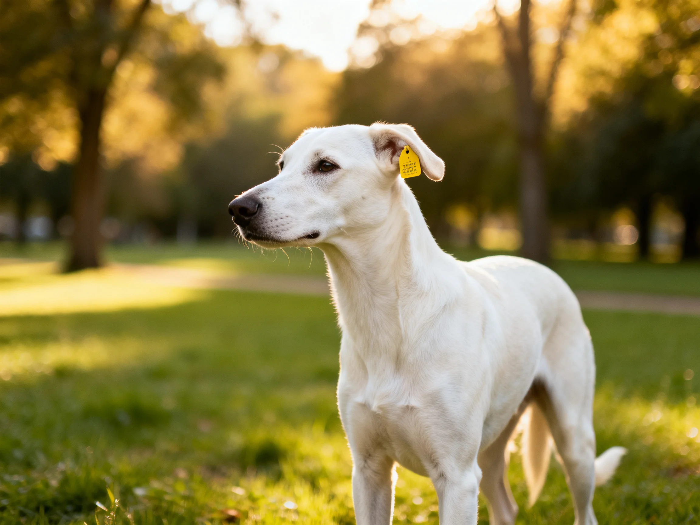 A white dog stands alert in a sunlit park with trees