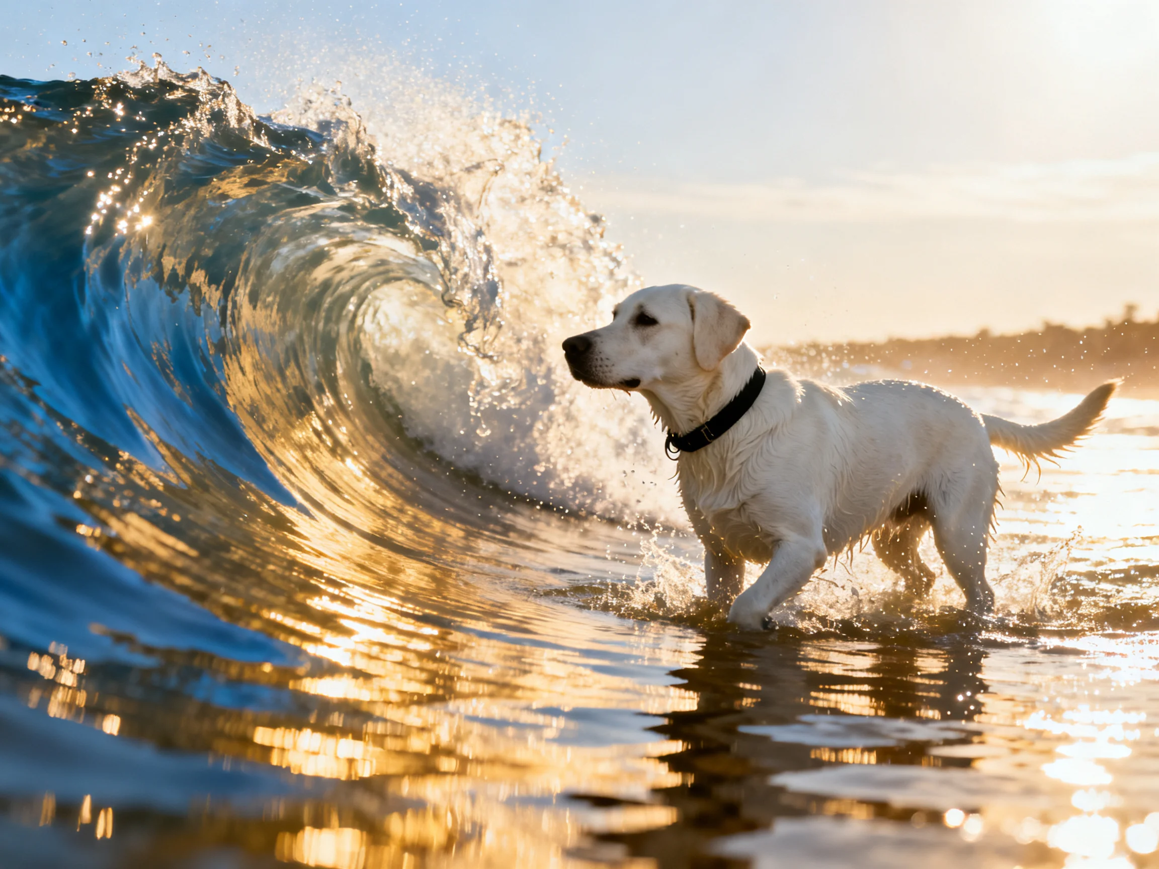 A white dog moves through a large, curling ocean wave in golden sunlight.