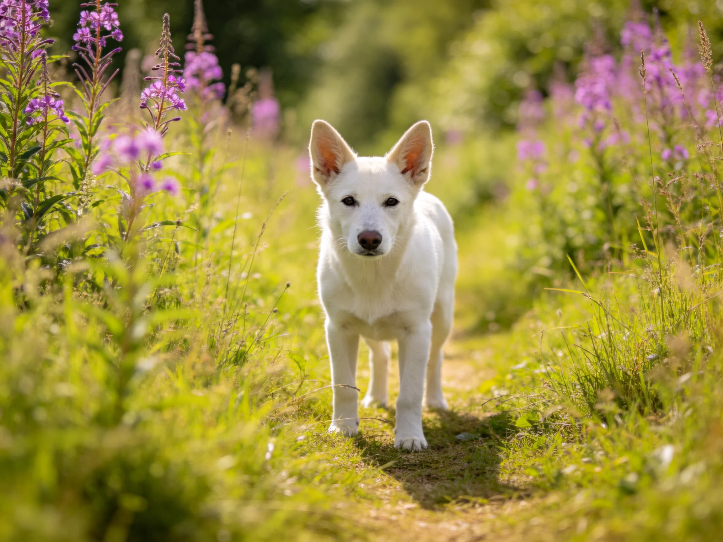 A white dog walks along a sunlit path near tall purple flowers