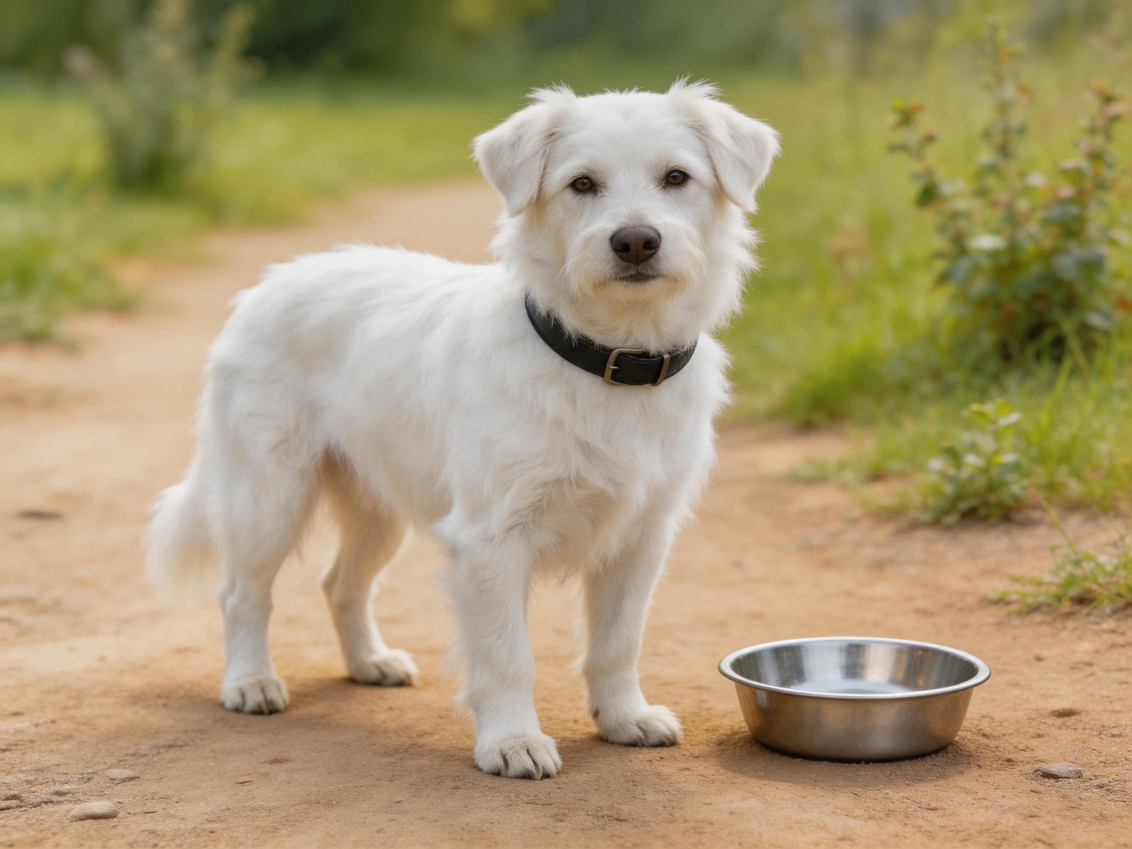 A white dog stands next to a stainless steel bowl on a sunny dirt path