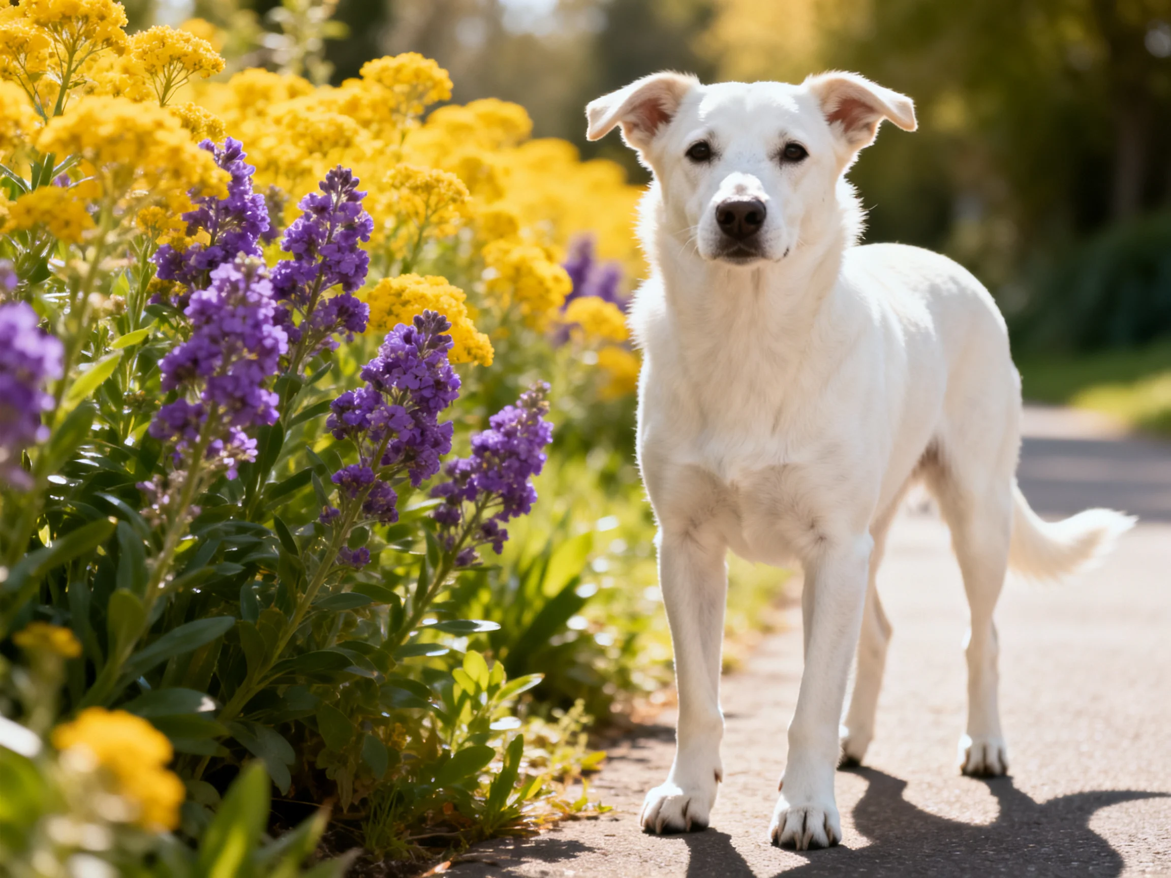 A white dog stands beside colorful flower beds on a sunlit path.
