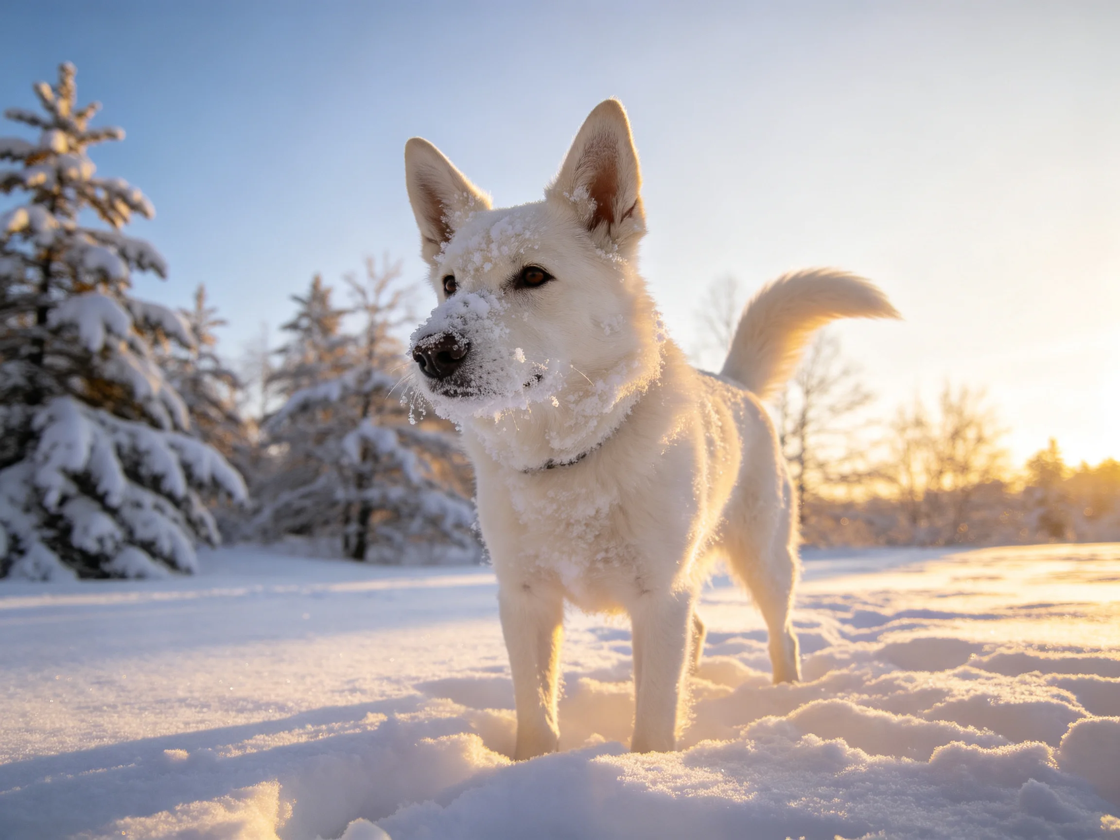 A white dog stands in a snowy field near frost-covered trees