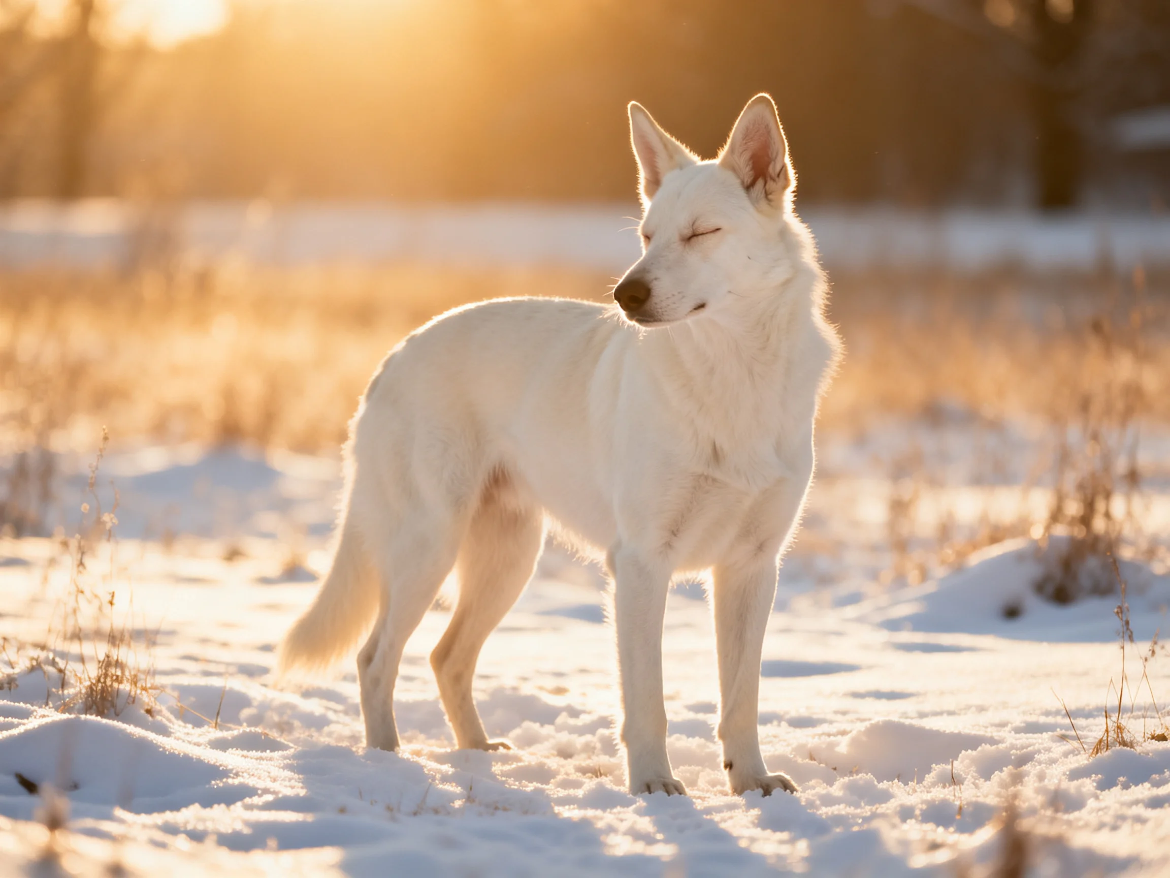 A white dog stands in a snowy landscape bathed in golden sunlight