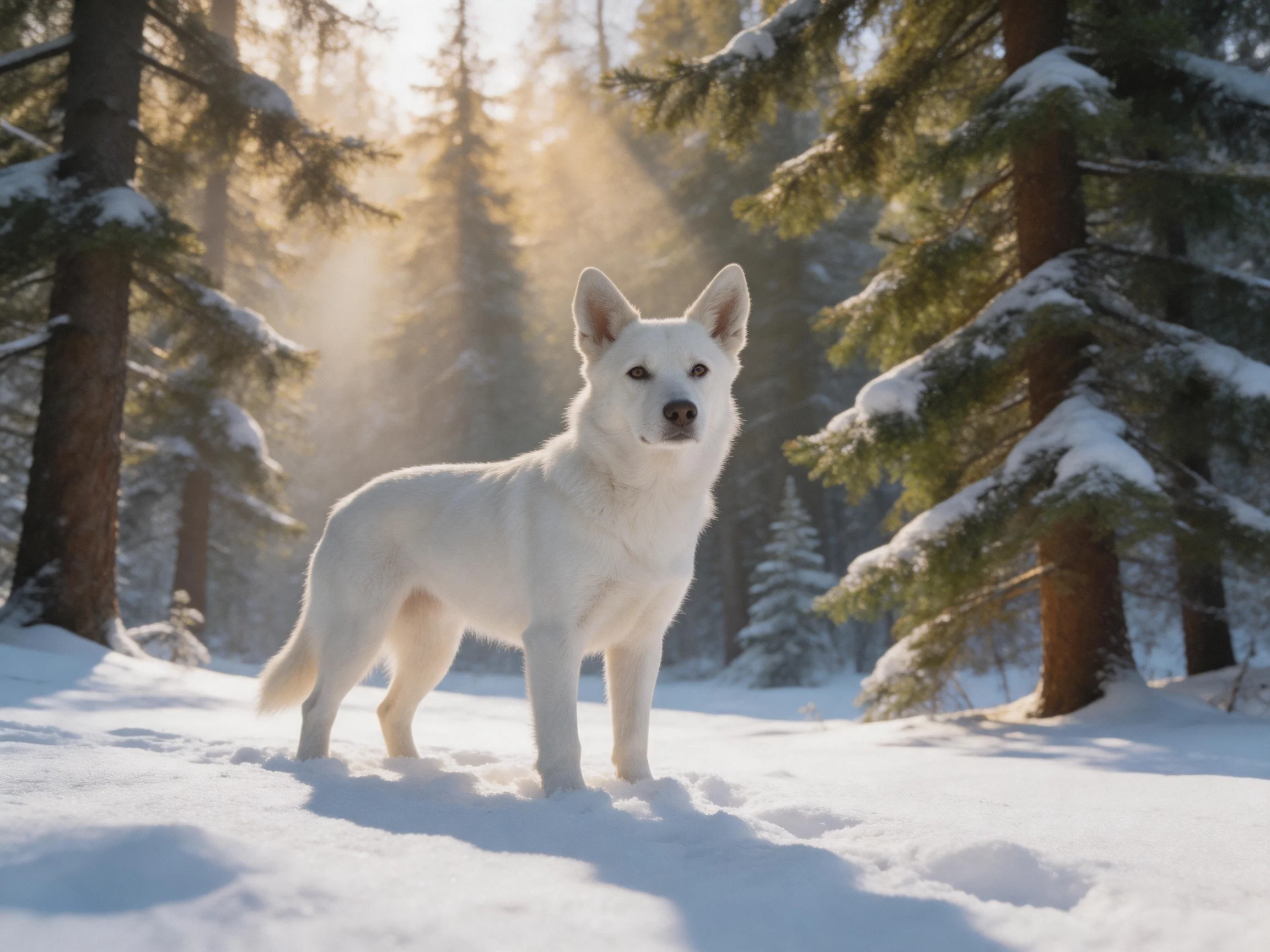 A white dog stands in a sunlit snowy forest