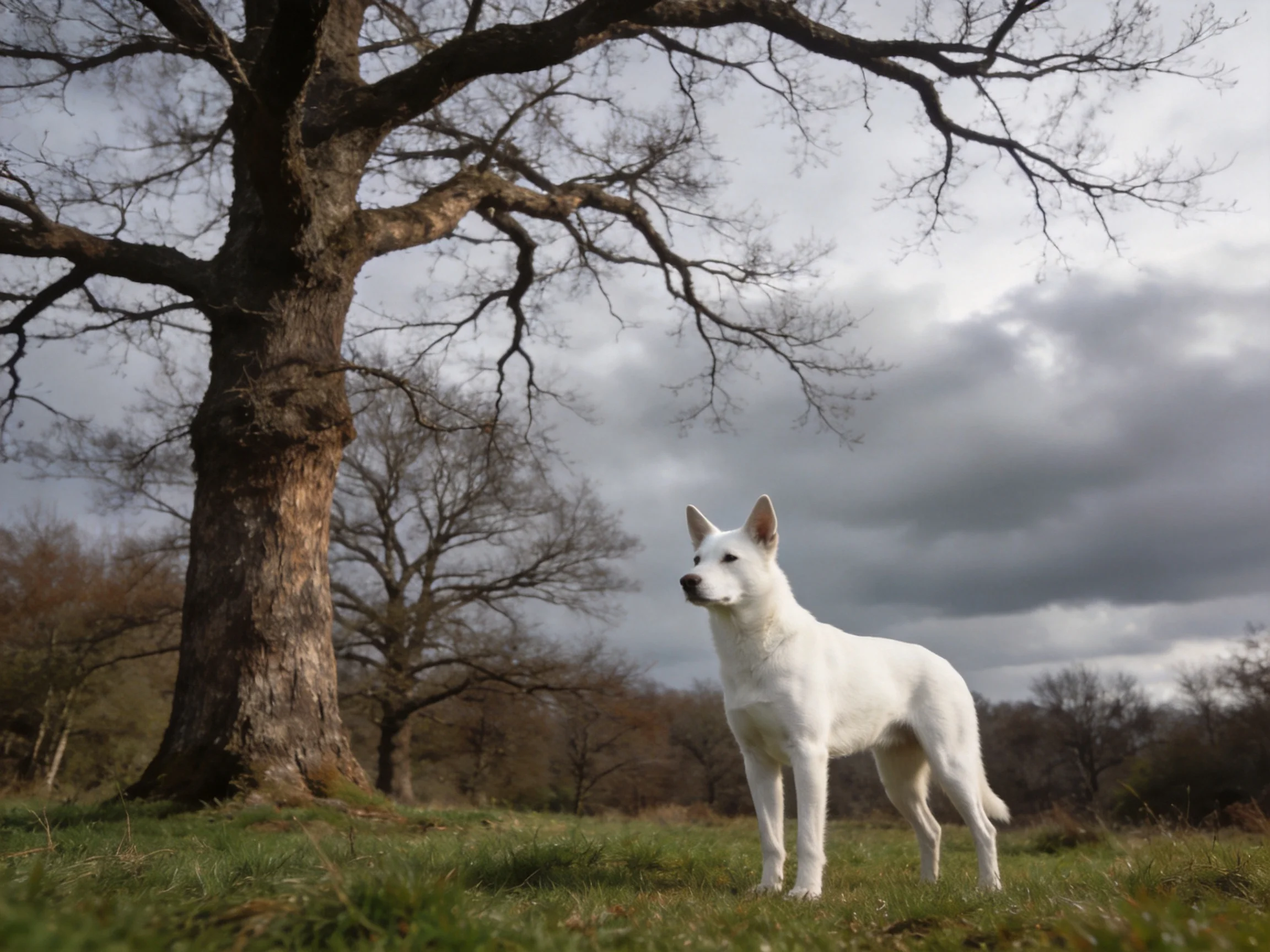 A white dog stands near a large old tree in an open field