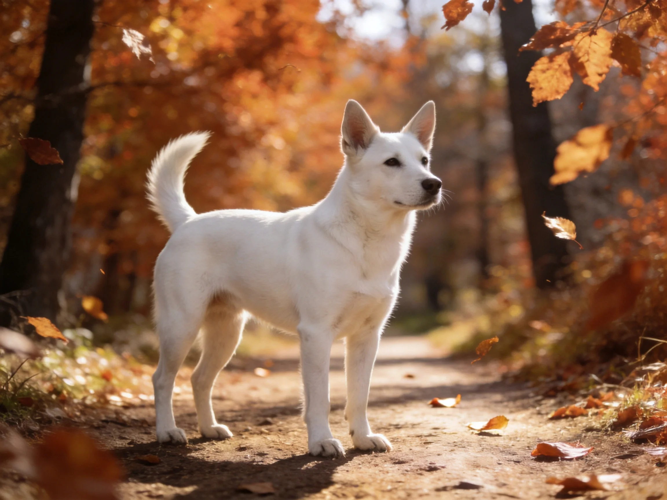 A white dog stands on a forest path surrounded by autumn leaves