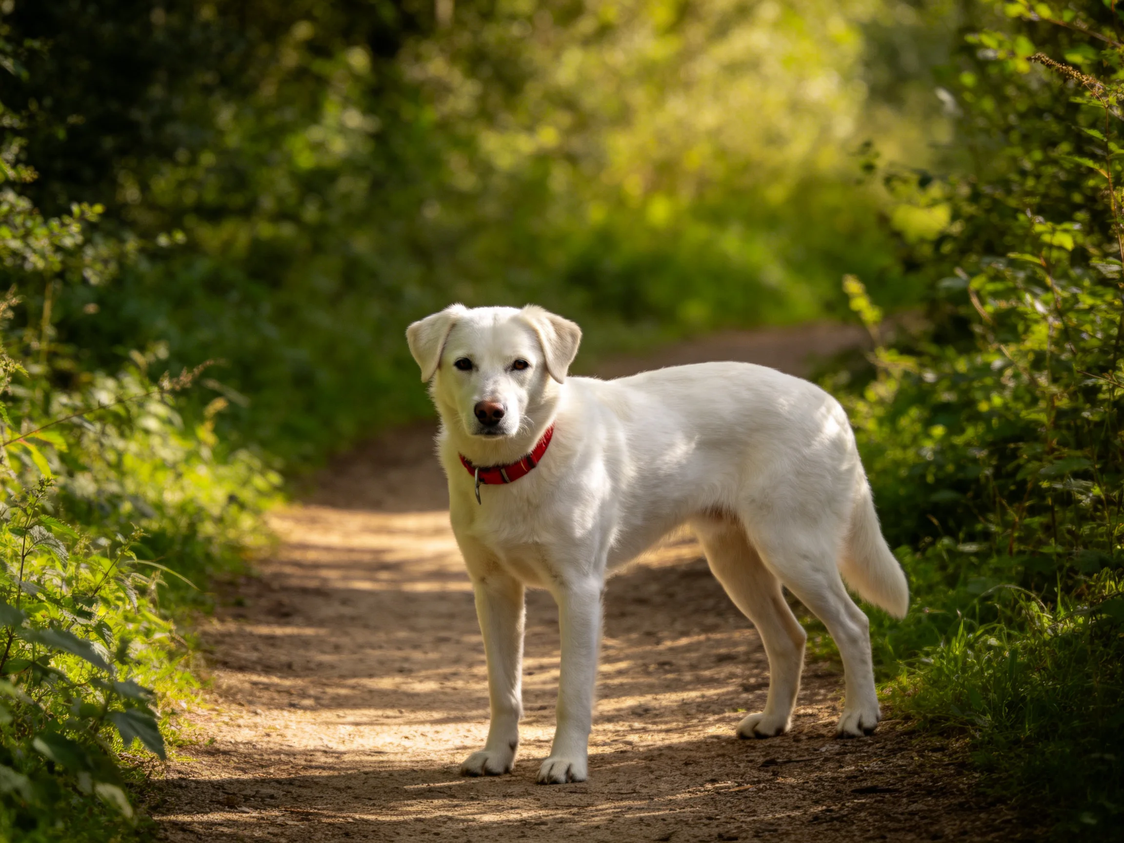 A white dog stands on a sunlit forest path.