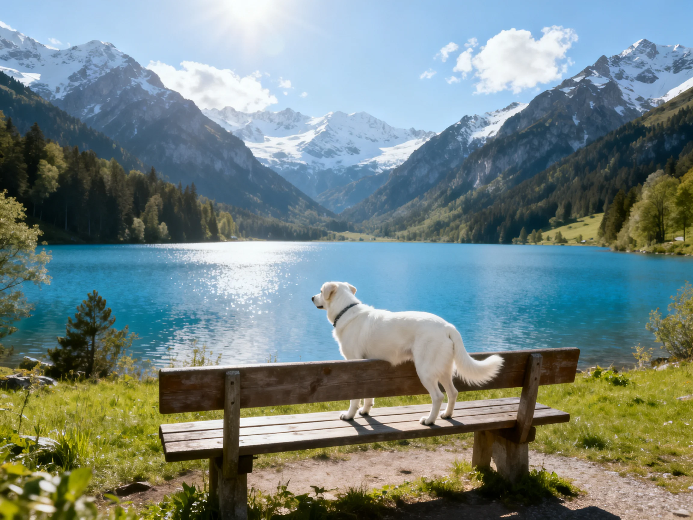 A white dog stands on a bench overlooking a serene blue mountain landscape.