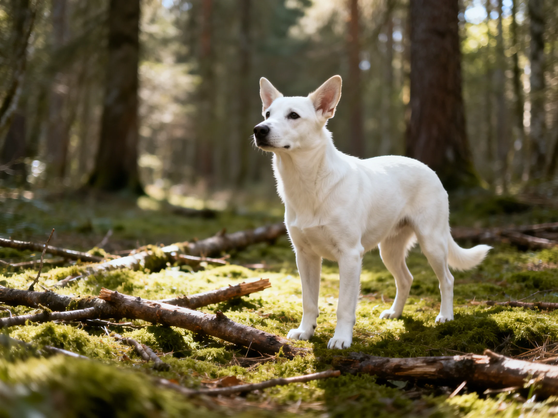 A white dog stands on mossy ground among fallen tree branches in forest