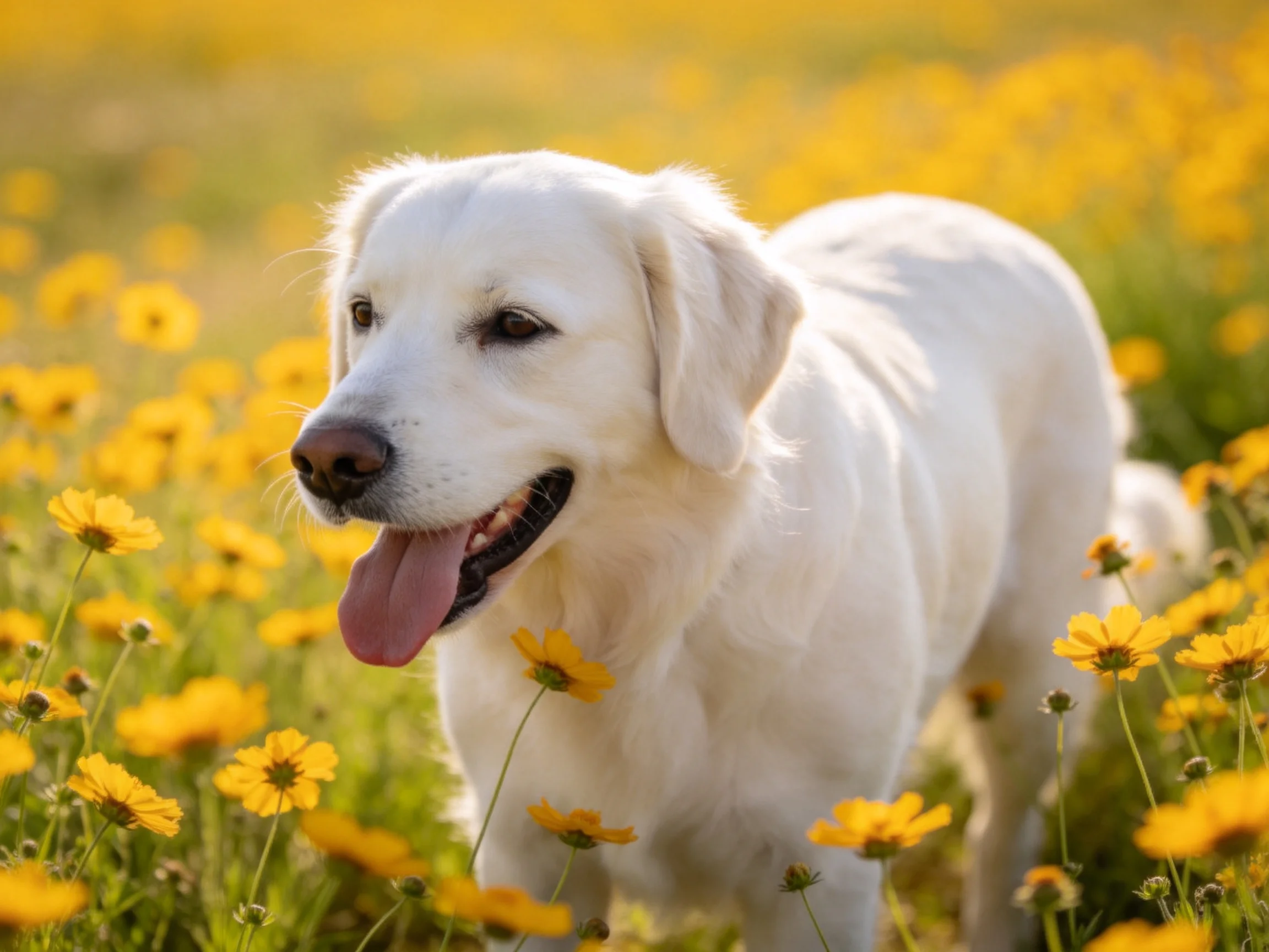 A white dog strolling through a field of bright yellow wildflowers