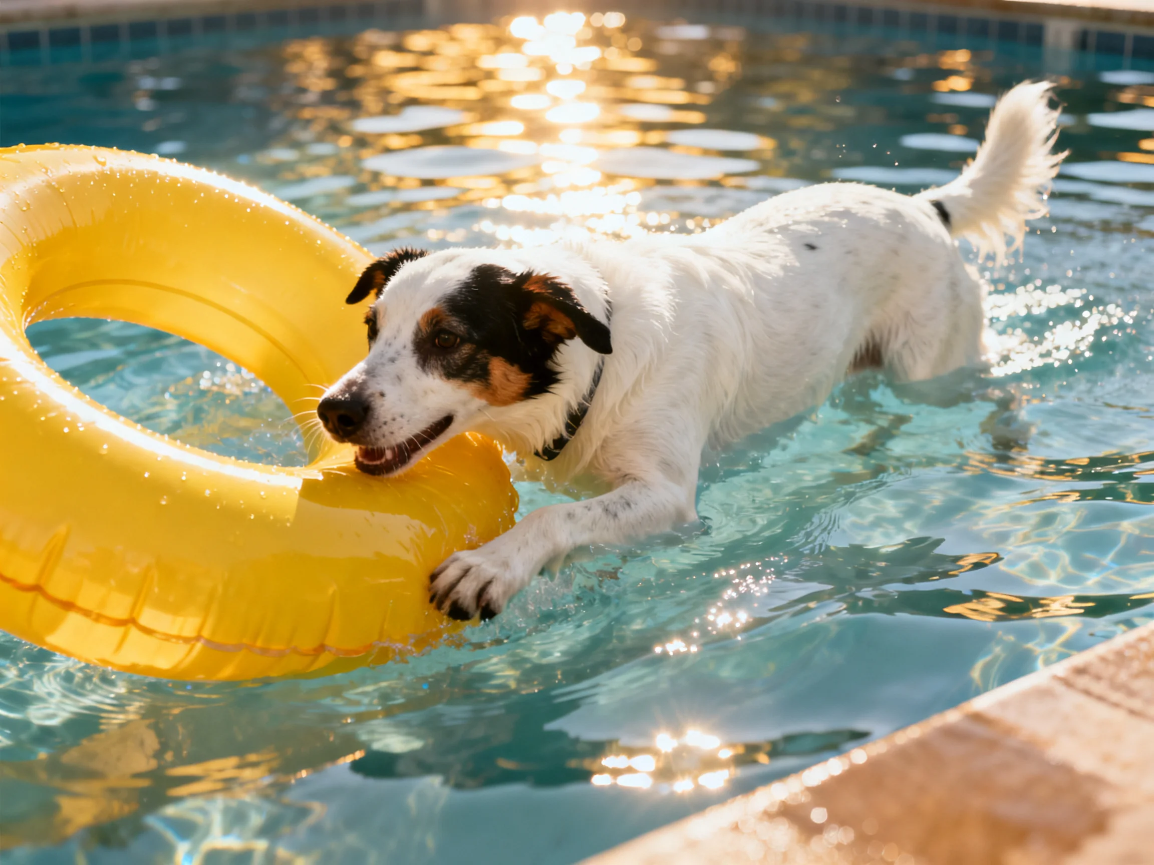 A white dog plays with a yellow inflatable ring in a swimming pool.