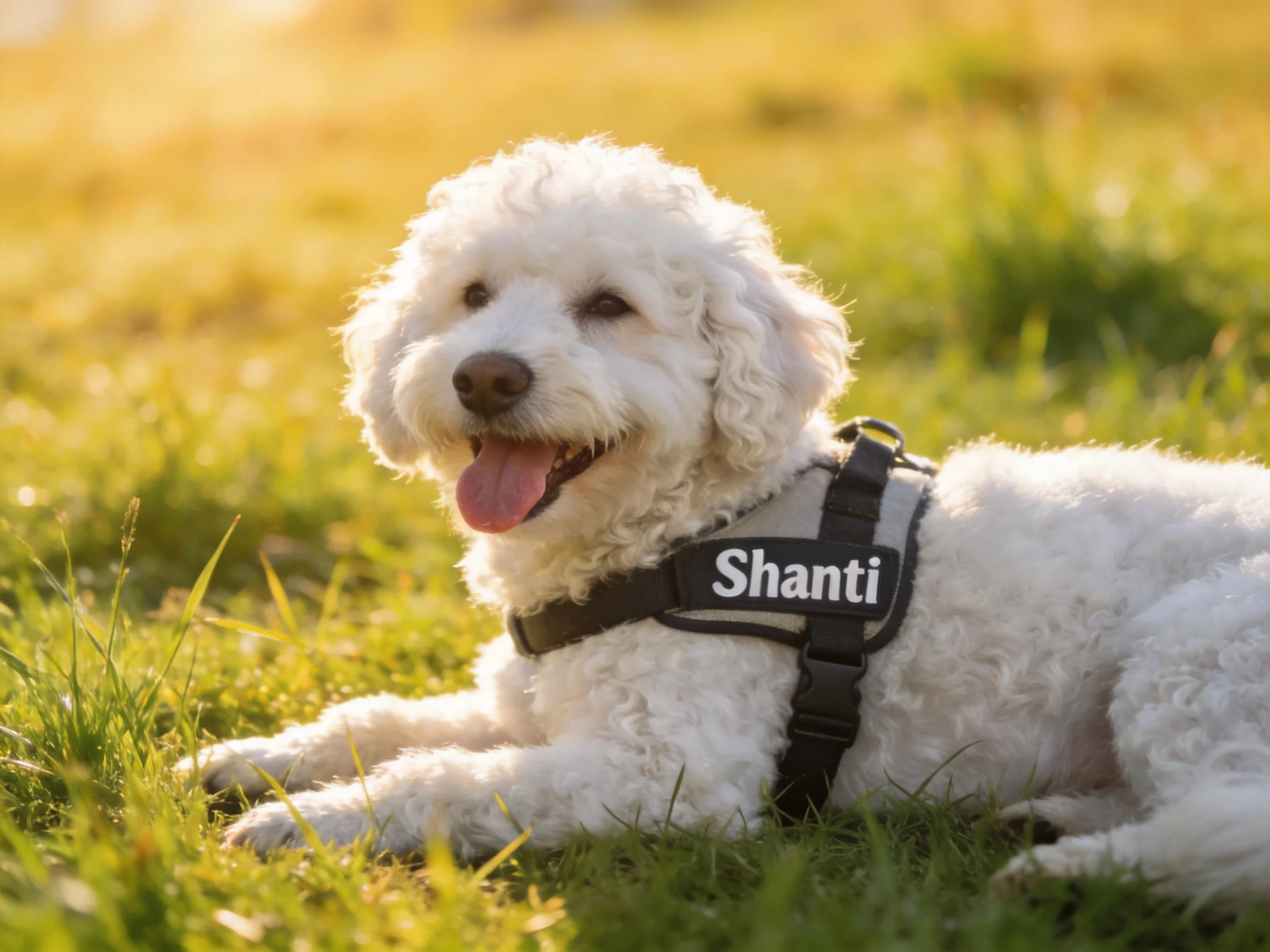 A white dog wearing a harness rests on sunlit green grass