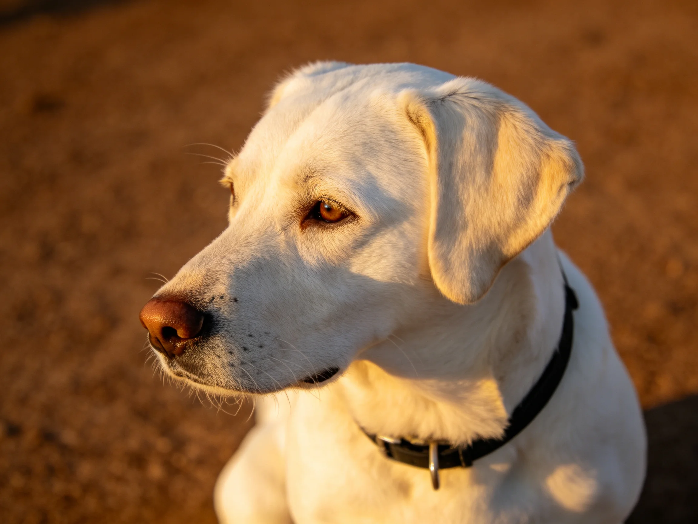 A white dog with a black collar sits calmly in sunlight.