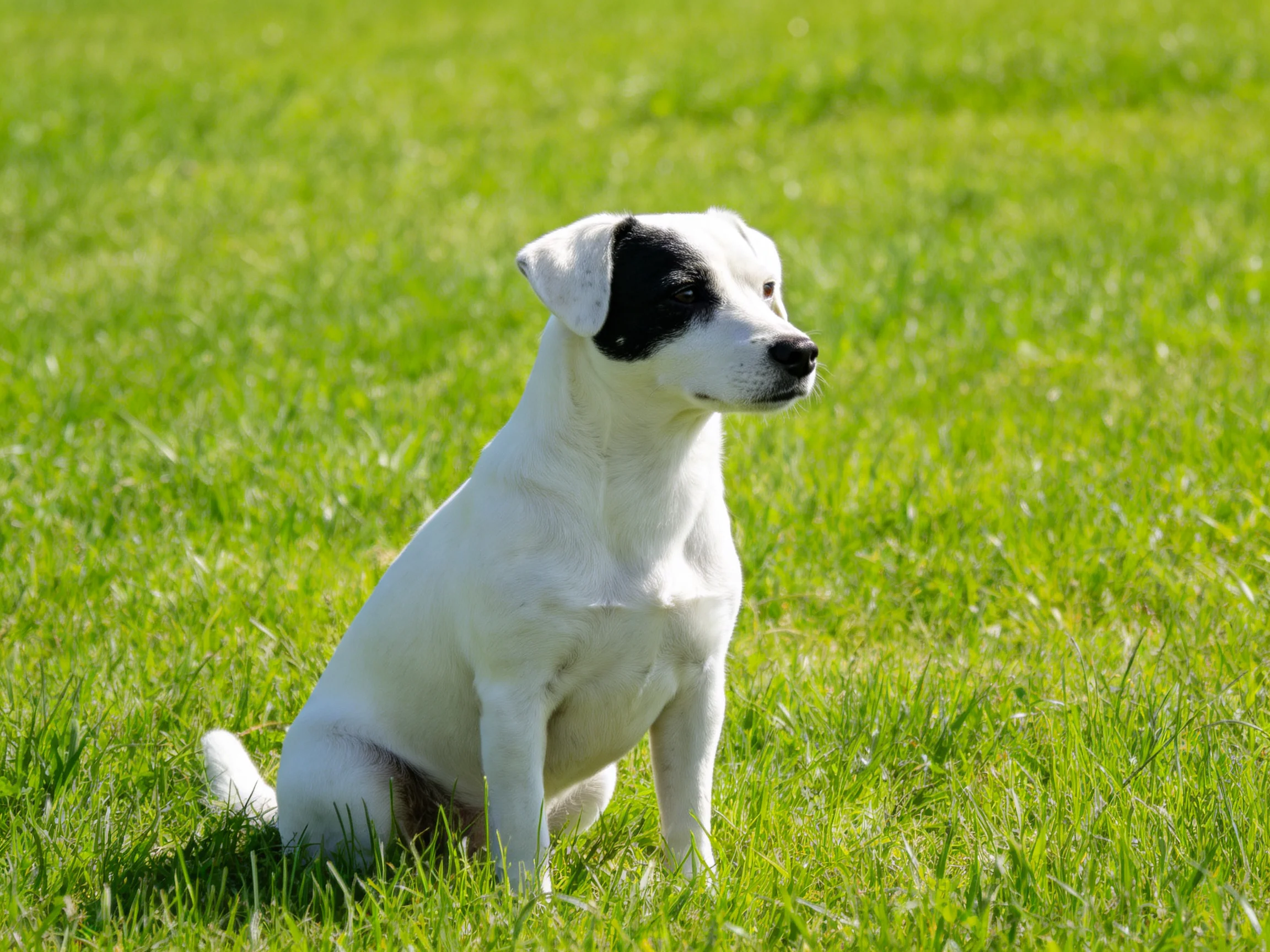 A white dog with a black face sits on lush green grass