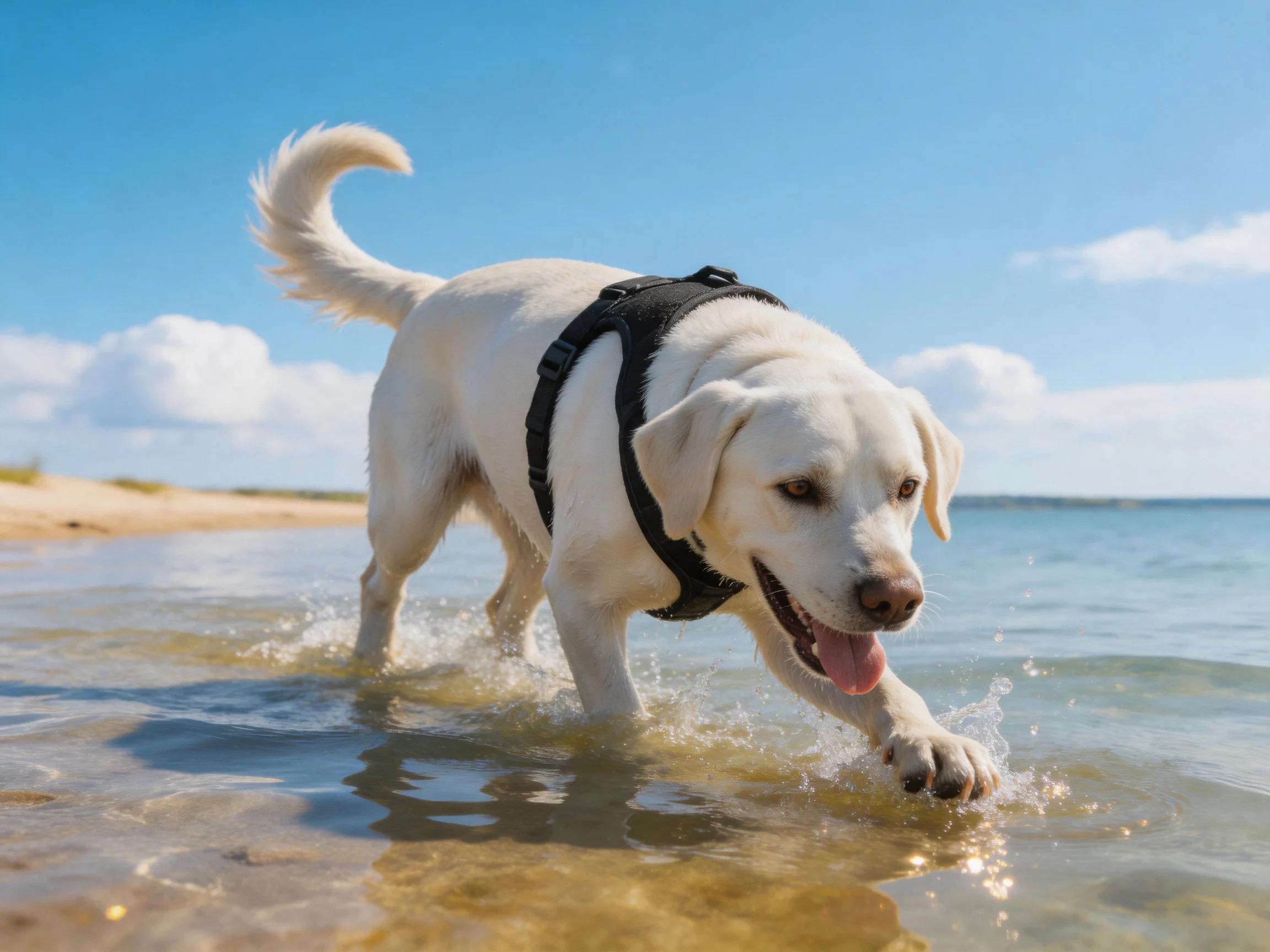 A white dog with a black harness explores shallow ocean water at a sandy beach