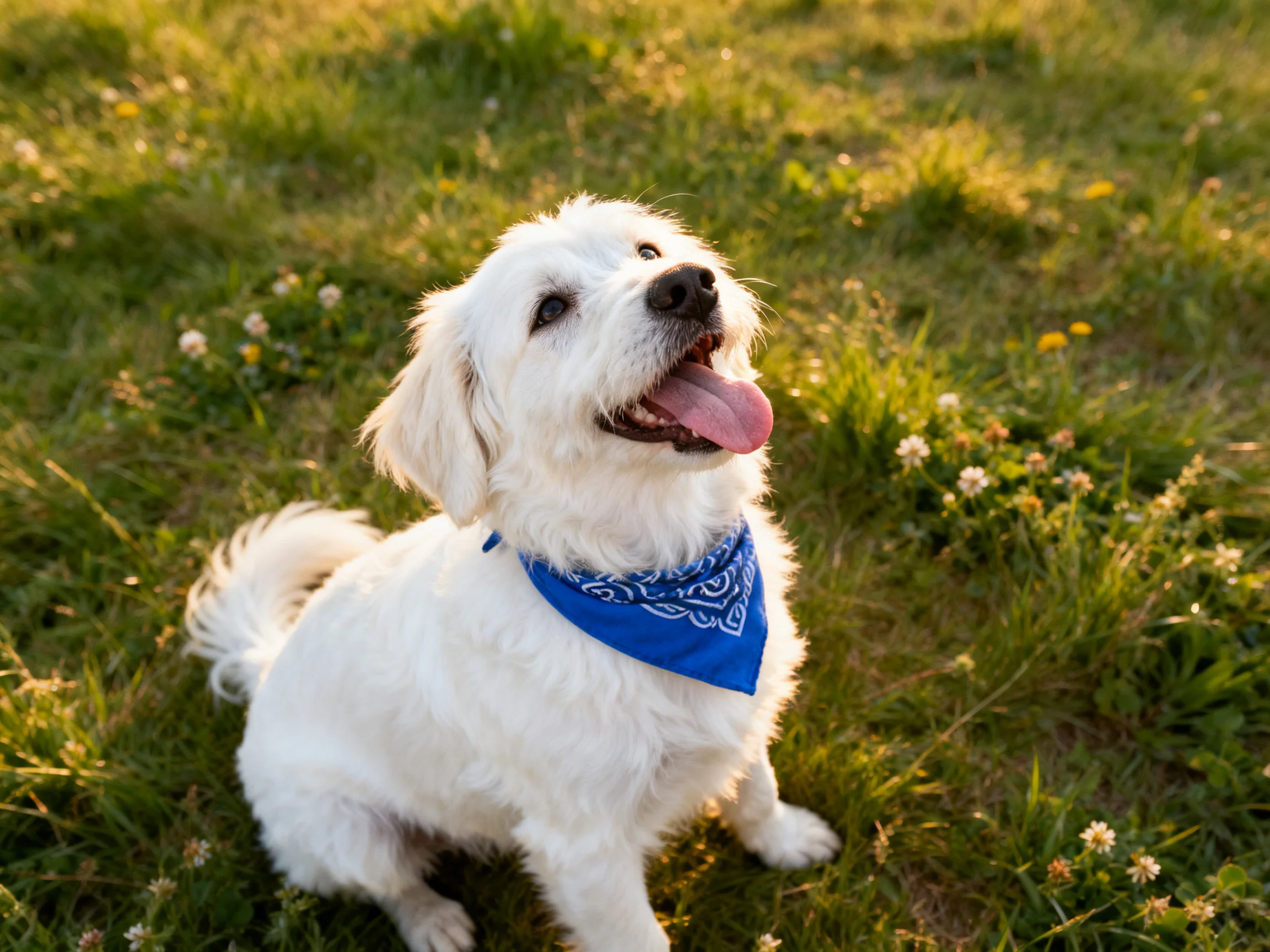 A white dog with a blue bandana sits in a sunlit grassy field